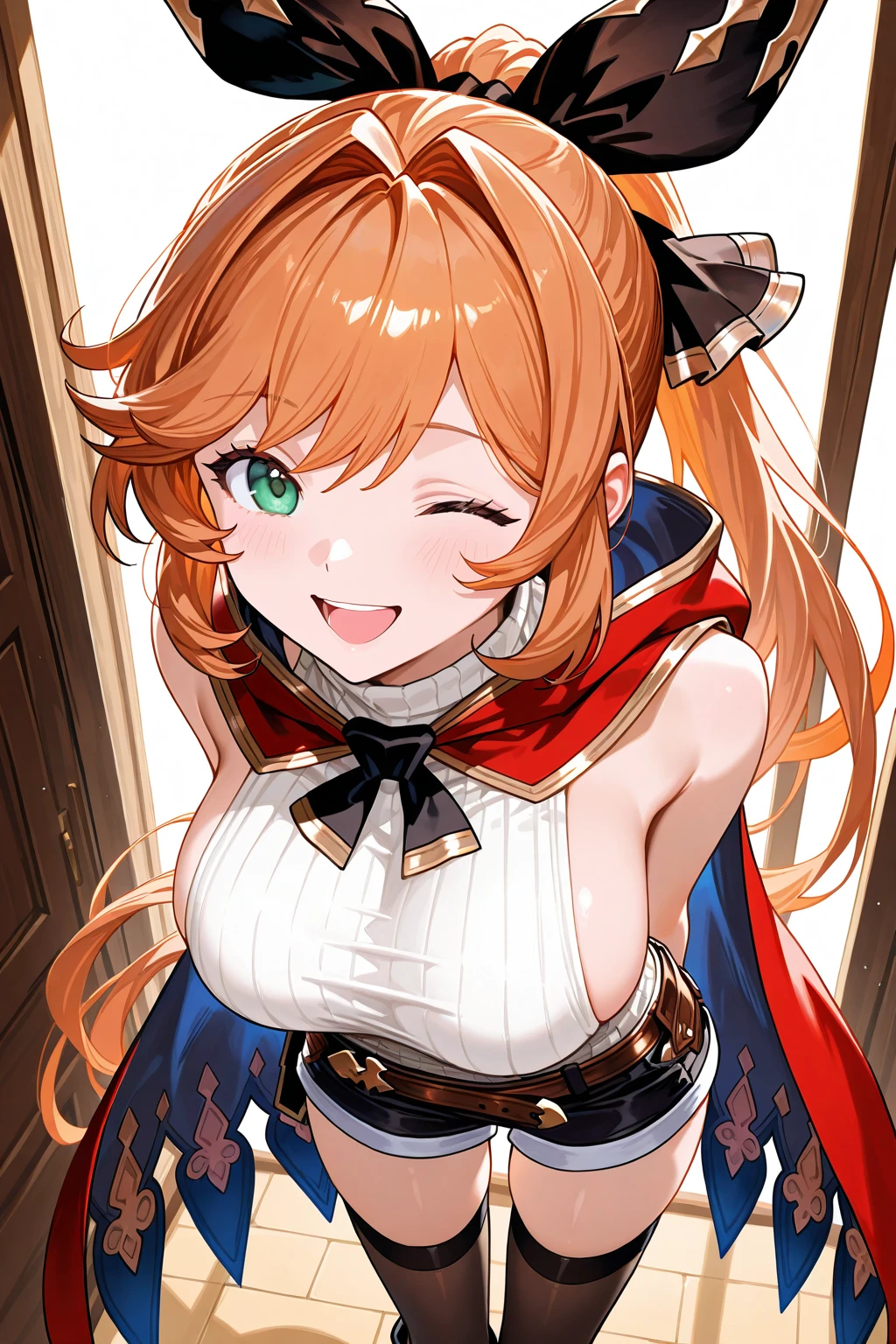 score_9_up,score_8_up,score_7_up,masterpiece,best quality,highres,absurdres,ultra-detailed,illustration,1girl,large breasts,((from above)),looking at viewer,indoors,happy,smile,open mouth,clarisse \(granblue fantasy\),long hair,ponytail,orange hair,hair ribbon,green eyes,red cape,sleeveless,white sweater,ribbed sweater,sideboob,taut clothes,one eye closed, arms behind back,