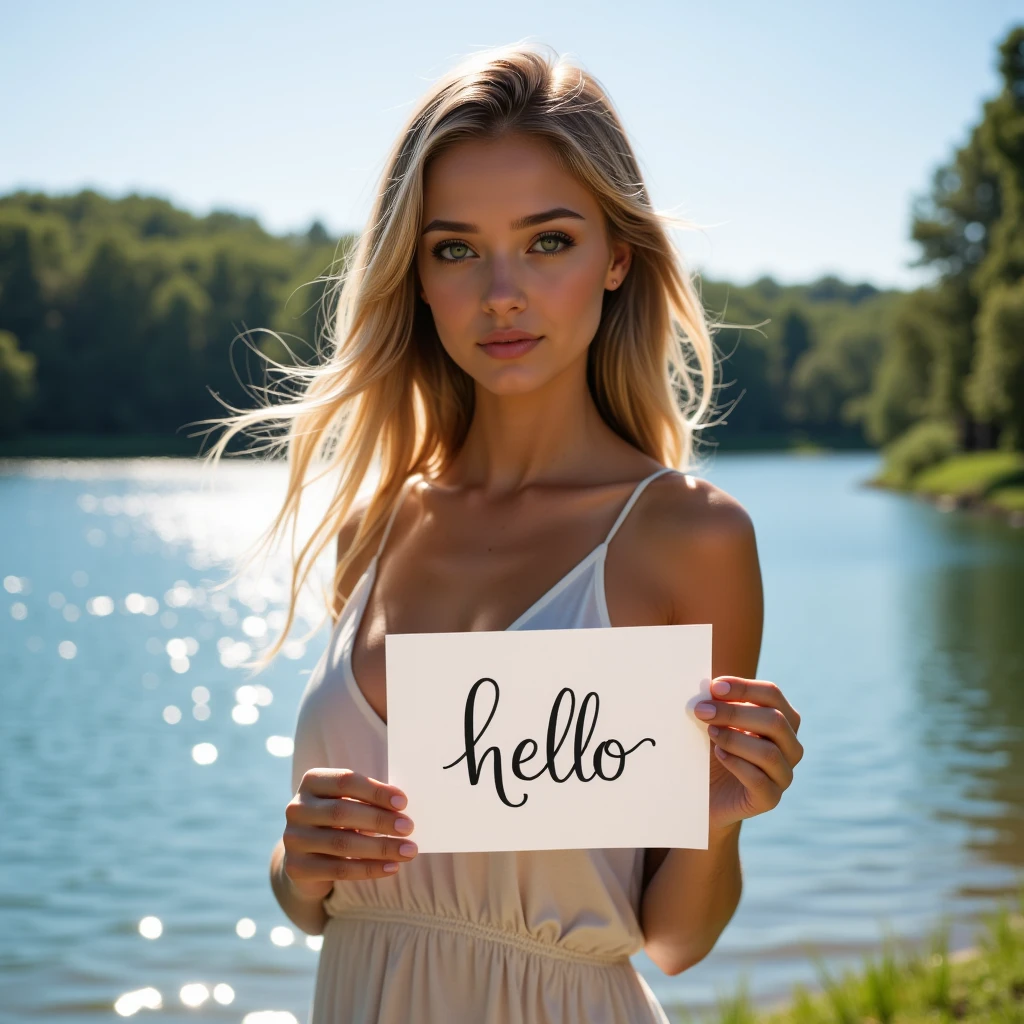  beautiful 25-year-old blonde with long hair outdoors by a lake in a loose summer dress,  showing the chest side , holds up a sign  "hello"