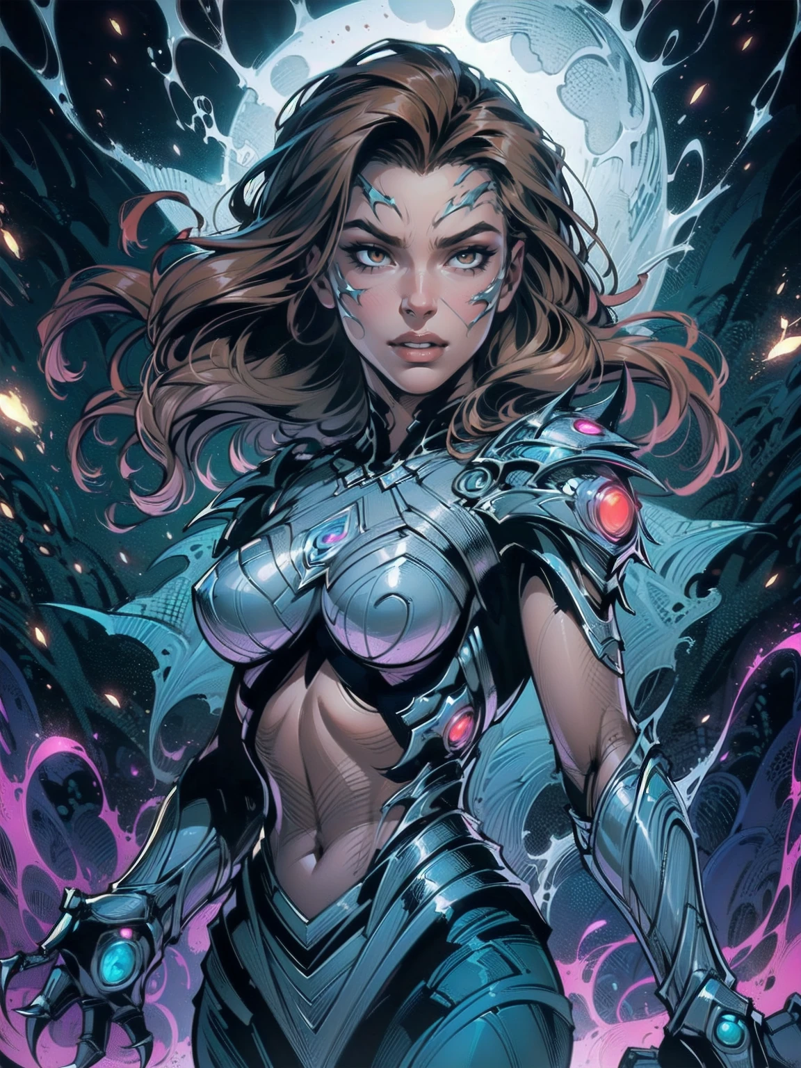 A dynamic and powerful depiction of a female warrior inspired by the Witchblade aesthetic. She has long flowing brown hair and wears an intricate, organic armor that fuses with her skin, glowing with mystical energy. Her pose is confident and commanding, showcasing her supernatural gauntlet-like weapon, which extends into sharp, otherworldly claws. The armor is adorned with sharp edges, bio-mechanical designs, and glowing patterns, emphasizing both elegance and menace. Her eyes glow faintly, hinting at her immense power. The background is stark white, allowing every detail of her form and armor to stand out clearly, creating a striking contrast. upper body