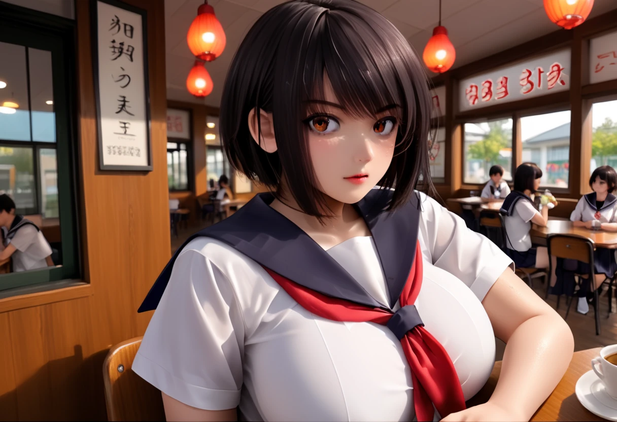 illustration, Japanese woman, black hair, short cut hair, straight hair, white school sailor uniform, short sleeve school sailor uniform, thick school sailor uniform, red ribbon tie, covered huge breasts:1.6, cafe, summer evening