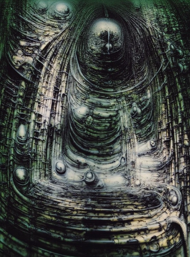 H. R. Giger's g1g3r, , Giger_style, xgiger, The image is a detailed view of H.R. Giger's biomechanical tableau \" LANDSCAPE No 312 \" plate, featuring
a complex, intricate, and detailed design of endless Machine in the transit space under the cascade of fallen water, that appears to be a fusion of organic and mechanical elements, with a focus on central humanoid-like alien astronaut figure insconced in dramatic.The piece is a tableau, most likely created with a India ink pen or pencil on paper, determined by the thin lines, shading techniques, and the texture of the paper, which is visible around the edges.
Used is pen, given the shading and variations in line weight visible in the image. Artist have used a variety of stylus with different degrees of hardness to achieve the shading effects.
 The use of undersaturated green-grays dark contrasts creates a stark and graphic look. Is used a variety of linework techniques to create different textures. Fine, parallel lines create a smooth, metallic texture,while thicker, more cursive lines suggest cables or wires.
Light source from the top highlights skeletals, pper part of foreground, lower part of image is in shadowupper part of foreground, lower part of image is in shadow.
The art performance showcases the artist’s skills in observation and rendering. The level of detail in the piece suggests a close study of real bone specimens and mechanics. The artist has skillfully used shading techniques to create a convincing illusion of three-dimensionality on a flat surface. The wrinkles and cracks in the surface, and the cast shadows with accuracy, used shading techniques to create a realistic depiction of light and shadow on the objects. This creates a sense of depth and dimension in the image.  The artist has used careful linework to depict the contours and textures in the piece, (Triadic:1.1), (Proportion:1.1),  , (Reflected light:1.2), Parchment, , ultra detailed, intricate,, dry b (best quality:1.4), H.R. GIGER,  BY GIGER