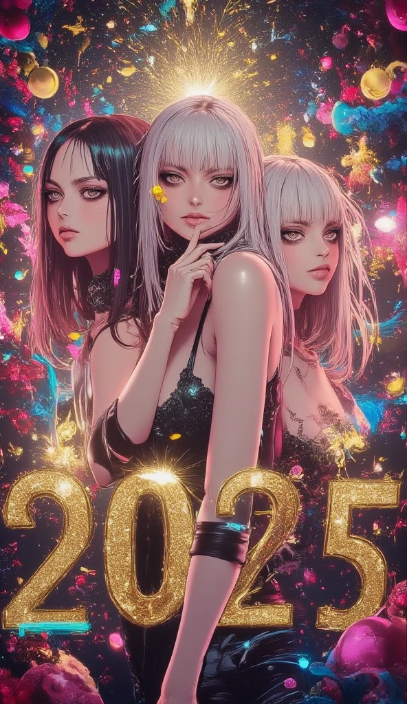 New Year's poster,(( sexy women "Happy New Year 2025":1.5)), happy and smiling women