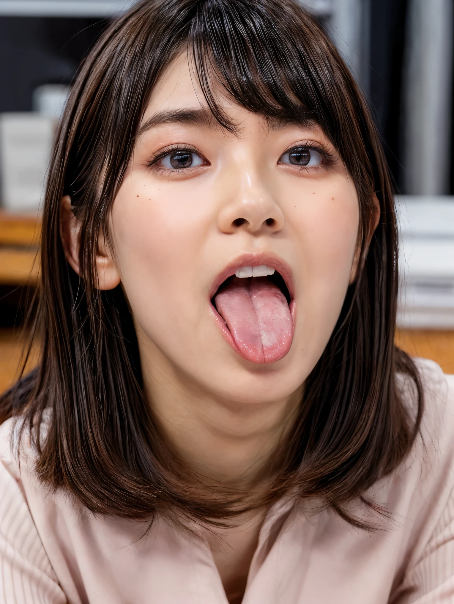 (masterpiece, best quality, realistic, photo-realistic), high resolution photograph of a Japanese woman, intricate details, sharp focus, professional lighting, solo, 1girl, an office lady, (collared shirt, skirt), (flat chest:1.4), (face focus, looking up at viewer:1.2), (full open mouth, wide open mouth, tongue out:1.5), disheveled hair, sensual face, detailed face, seductive eyes, detailed eyes, sophisticated nose, (mole on face), pale skin, fine-textured skin, indoors, office room,