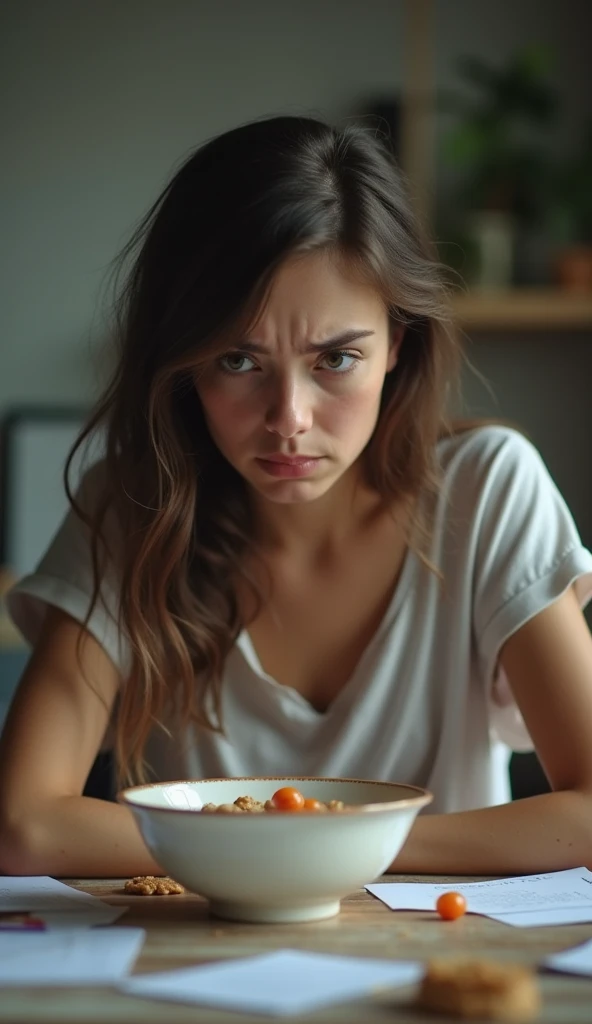 A cinematic tone portraying someone frustrated by delayed stomach emptying.