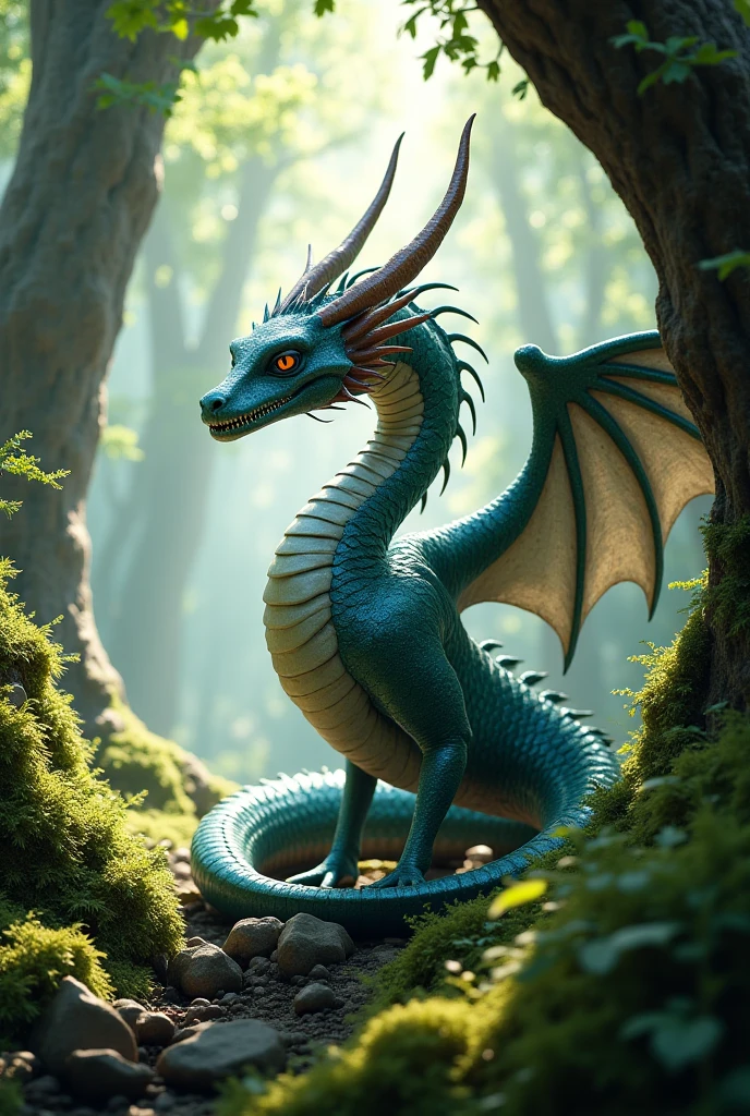 a cobra with hair ,long with large wings with a C on its forehead and green, purple,blue and yellow that looks scary
