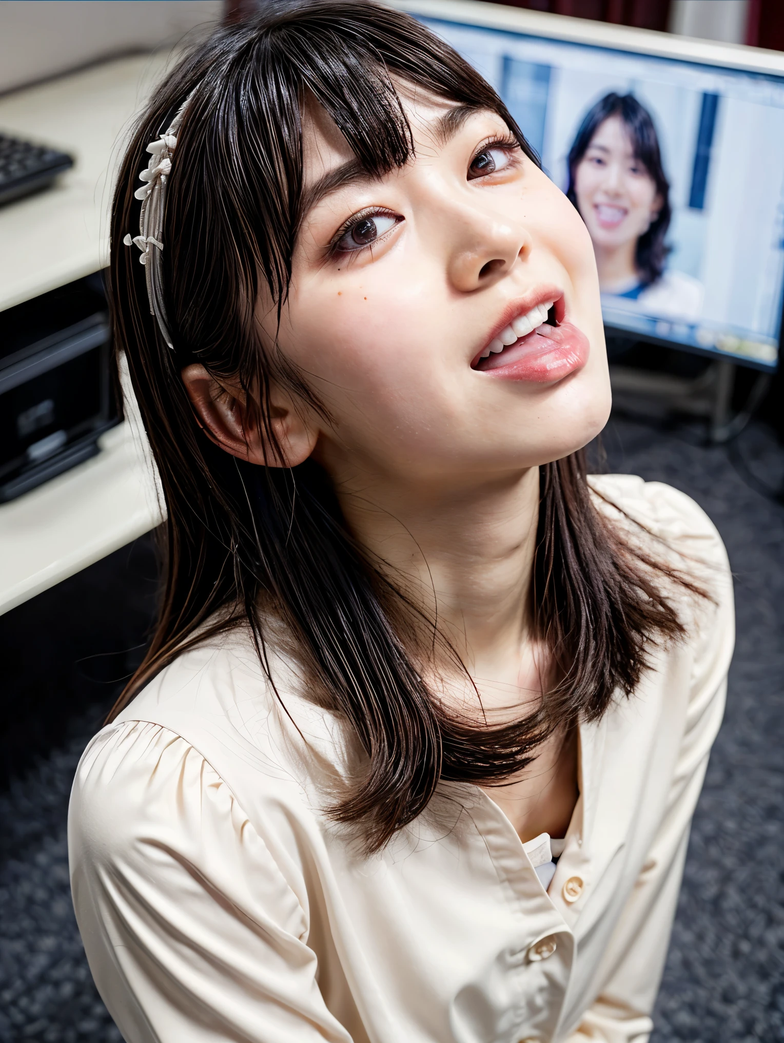 (masterpiece, best quality, realistic, photo-realistic), high resolution photograph of a Japanese woman, intricate details, sharp focus, professional lighting, solo, 1girl, an office lady, (collared shirt, skirt), (flat chest:1.4), (face focus, looking up at viewer:1.2), (full open mouth, wide open mouth, white cum in open mouth:1.5), black hair, sensual face, detailed face, seductive eyes, detailed eyes, sophisticated nose, (mole on face), pale skin, fine-textured skin, indoors, office room,