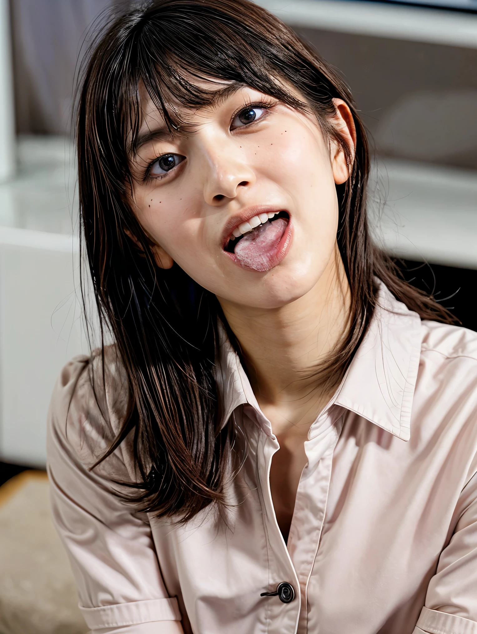 (masterpiece, best quality, realistic, photo-realistic), high resolution photograph of a Japanese woman, intricate details, sharp focus, professional lighting, solo, 1girl, an office lady, (collared shirt, skirt), (flat chest:1.4), (face focus, looking up at viewer:1.2), (full open mouth, wide open mouth, white cum in open mouth:1.5), black hair, sensual face, detailed face, seductive eyes, detailed eyes, sophisticated nose, beautiful dentition, (mole on face), pale skin, fine-textured skin, indoors, office room,