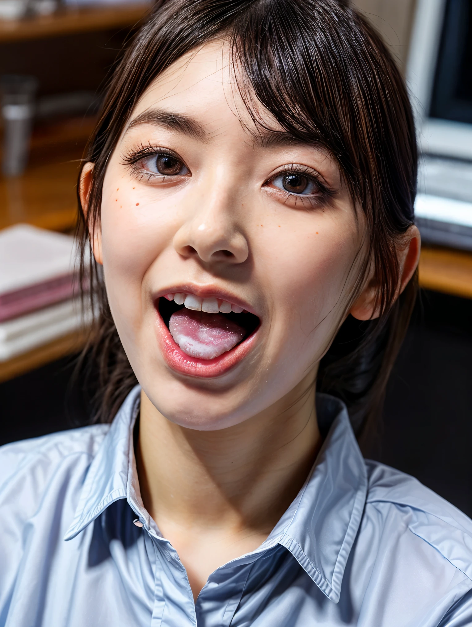 (masterpiece, best quality, realistic, photo-realistic), high resolution photograph of a Japanese woman, intricate details, sharp focus, professional lighting, solo, 1girl, an office lady, (collared shirt, skirt), (flat chest:1.4), (face focus, looking up at viewer:1.2), (full open mouth, wide open mouth, white cum in open mouth:1.5), black hair, sensual face, detailed face, seductive eyes, detailed eyes, sophisticated nose, beautiful dentition, (mole on face), pale skin, fine-textured skin, indoors, office room,