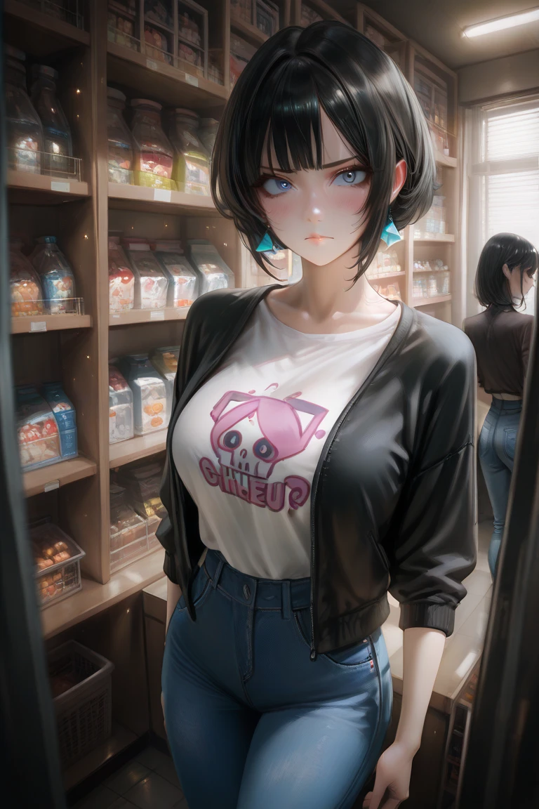 GGirl, bob hairstyle, black hair, she has large breasts, a slender body, she is wearing a black jacket, a T-shirt and jeans, age 18 years. The expression on his face is serious. The environment is dark, store shelves. Gloomy surroundings. It's dark outside. Blue eyes. Anime