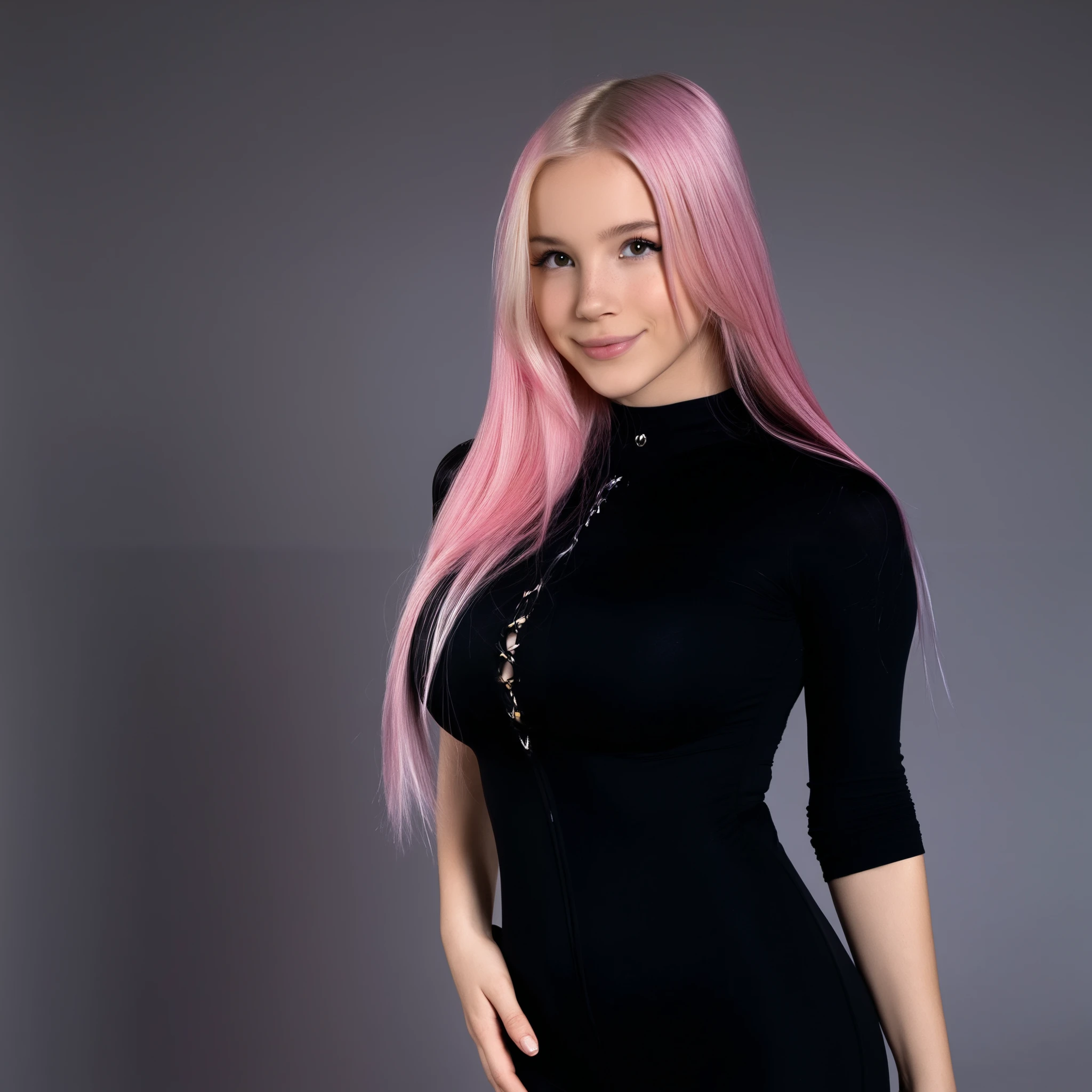 Stable_Yogis_PDXL_Positives  
score_9, score_8_up, score_7_up, score_6_up, 1girl, solo, long pink hair, natural look, wearing a fitted black bodysuit with a deep neckline, large breasts subtly emphasized, standing under soft studio lights, one hand on her hip and the other resting against a minimalist backdrop, looking directly at the viewer with a confident smile, blush, indoors, clean and sleek studio decor
