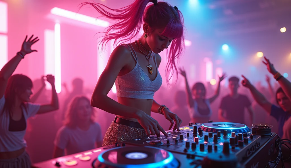 upper body, female dj, colorful clothes , quirky, vibrant appearance, playful accessories, creative behavior, imaginative, sensual, spontaneous, dj headphones, mixing console, music club, night club, indie theaters, people dancing on the dance floor background, underground danceclub, highest quality, skin texture, intricate details, (cinematic lighting), RAW photo, 8k