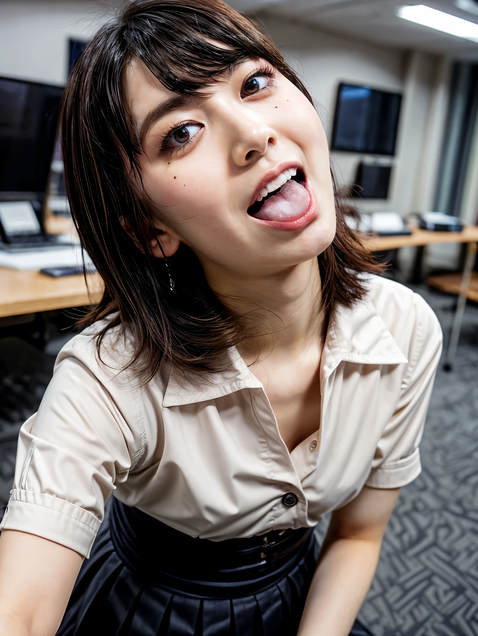 (masterpiece, best quality, realistic, photo-realistic), high resolution photograph of a Japanese woman, intricate details, sharp focus, professional lighting, solo, 1girl, an office lady, (collared shirt, skirt), (flat chest:1.4), (face focus, looking up at viewer:1.2), (full open mouth, wide open mouth, white cum in open mouth:1.5), black hair, sensual face, detailed face, seductive eyes, detailed eyes, sophisticated nose, beautiful dentition, (mole on face), pale skin, fine-textured skin, indoors, office room,