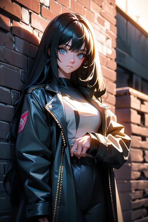  long-haired girl ,  black with fringe ,  posing for a photo , white shirt with oversized graffiti coat posing next to a graffiti brick wall, estilo Need for Speed  rosto bonito e corpo bonito ((melhor qualidade)) ((obra prima)) ((detalhado))