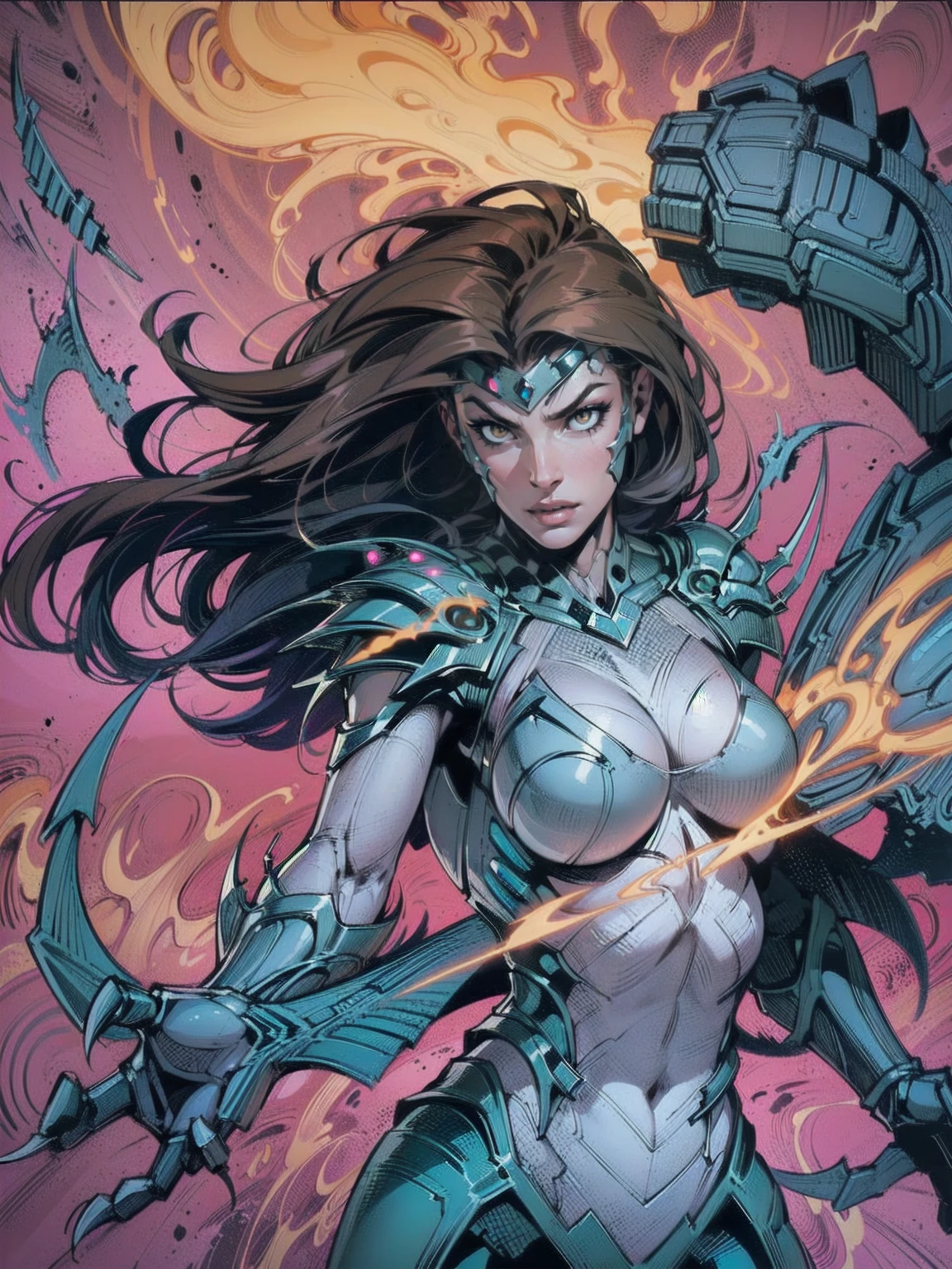 A dynamic and powerful depiction of a female warrior inspired by the Witchblade aesthetic. She has long flowing brown hair and wears an intricate, organic armor that fuses with her skin, glowing with mystical energy. Her pose is confident and commanding, showcasing her supernatural gauntlet-like weapon, which extends into sharp, otherworldly claws. The armor is adorned with sharp edges, bio-mechanical designs, and glowing patterns, emphasizing both elegance and menace. Her eyes glow faintly, hinting at her immense power. The background is stark white, allowing every detail of her form and armor to stand out clearly, creating a striking contrast. upper body