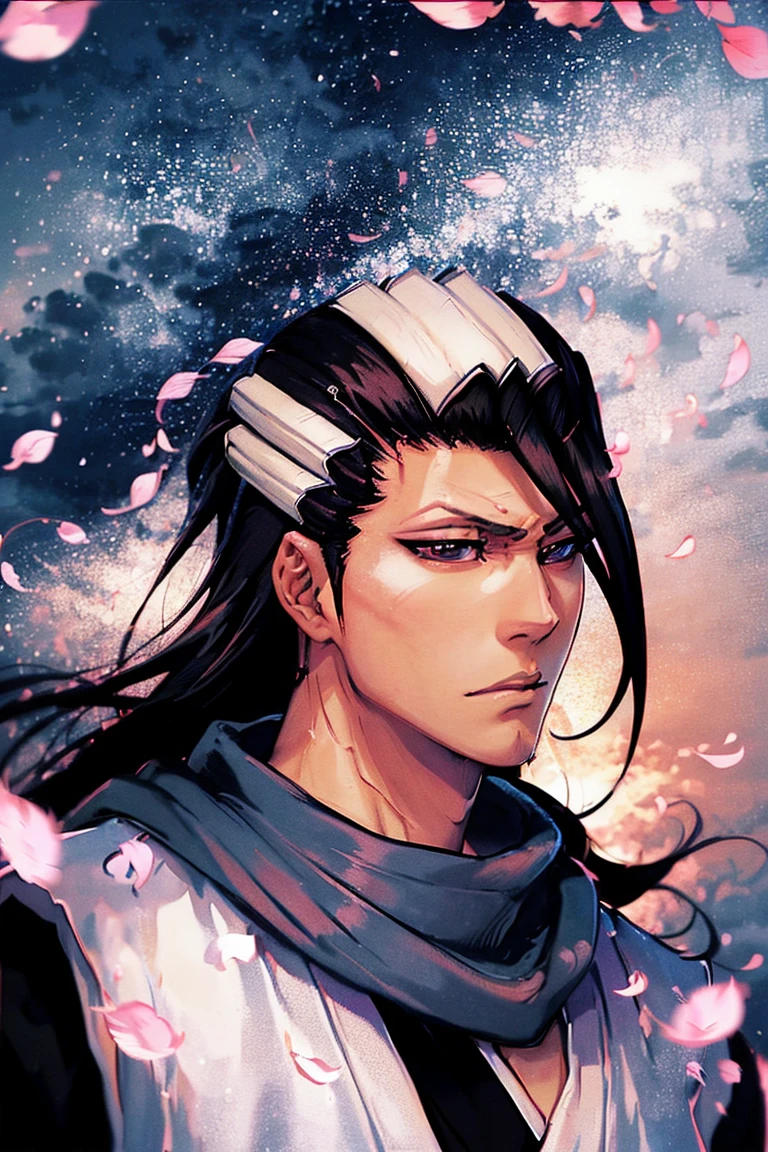 Portrait from afar, kuchiki byakuya  ( anime character from anime bleach ),  handsome man ,  Elegance , Confident,  dramatic composition ,  long black hair ,  Calm facial expression,  flowing scarf ,  black and white outfit , night sky,  flying sakura flowers  ( around character ),  mysterious atmosphere ,  cinematic perspective, no facial hair ,  Anime style 