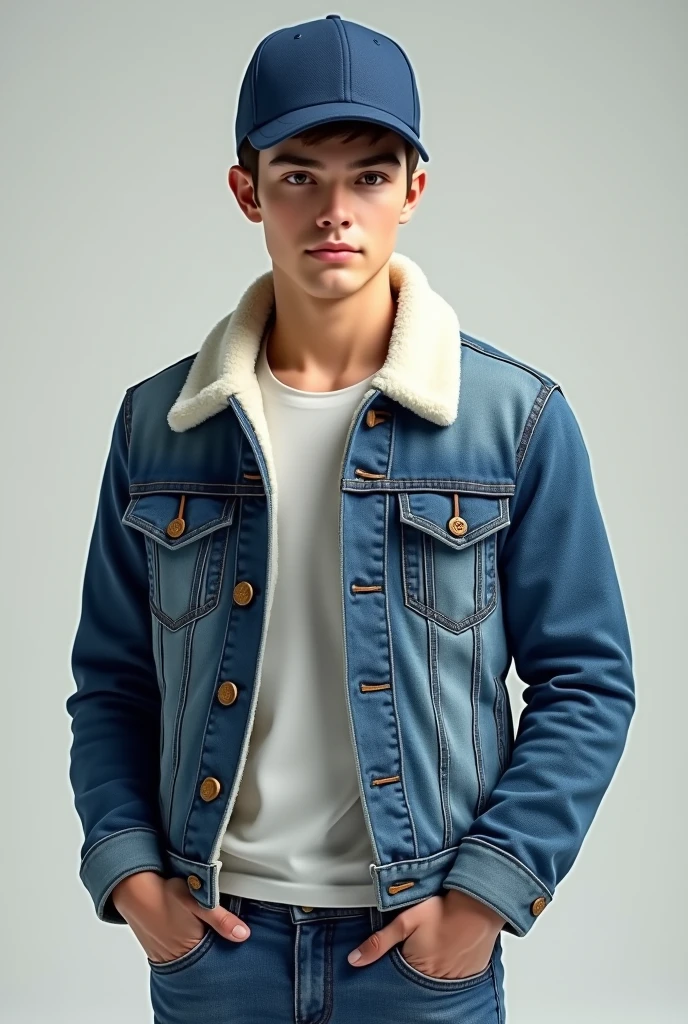 Slim ??? around 16,wide ears,with buzzcut and blue jeans top with furr, with black t-shirt under it, brown skin tone looking forward