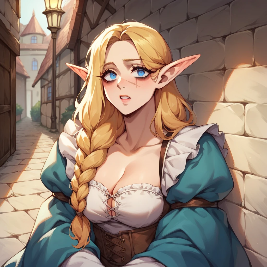 a elf with golden hair and blue eyes. she is sitting in a medieval alleyway. she looks depressed in medieval clothes. she has scars all over her body and bags under her eyes.