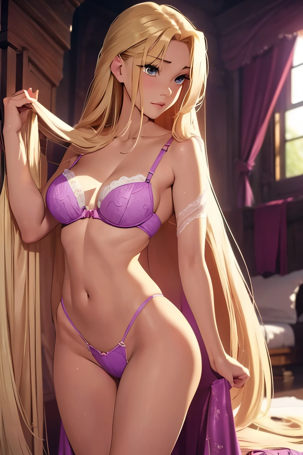 Rapunzel with very long blonde hair posing sexy in bra and panties, room ago, cintura pequena, corpo magro, pernas longas