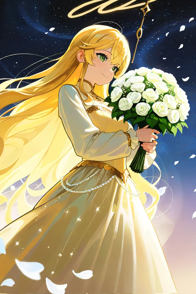 "An amazing fantasy anime-style illustration featuring a princess with long, shining golden hair and bright, beautiful green eyes. She stands gracefully against the starry sky, radiating an aura of calm and captivating elegance that radiates a royal presence. She is wearing a luxurious medieval-style serenity dress decorated with intricate floral patterns and shimmering gems, giving her an ethereal beauty. In her hands she holds a beautifully arranged bouquet decorated with delicate white petals and sparkling inserts symbolizing purity and love. Her golden hair frames her face and flows gracefully, reflecting the starlight. The hall of the palace is depicted in the background. The atmosphere is romantic and magical, conveying the enchanting essence of this mesmerizing moment."