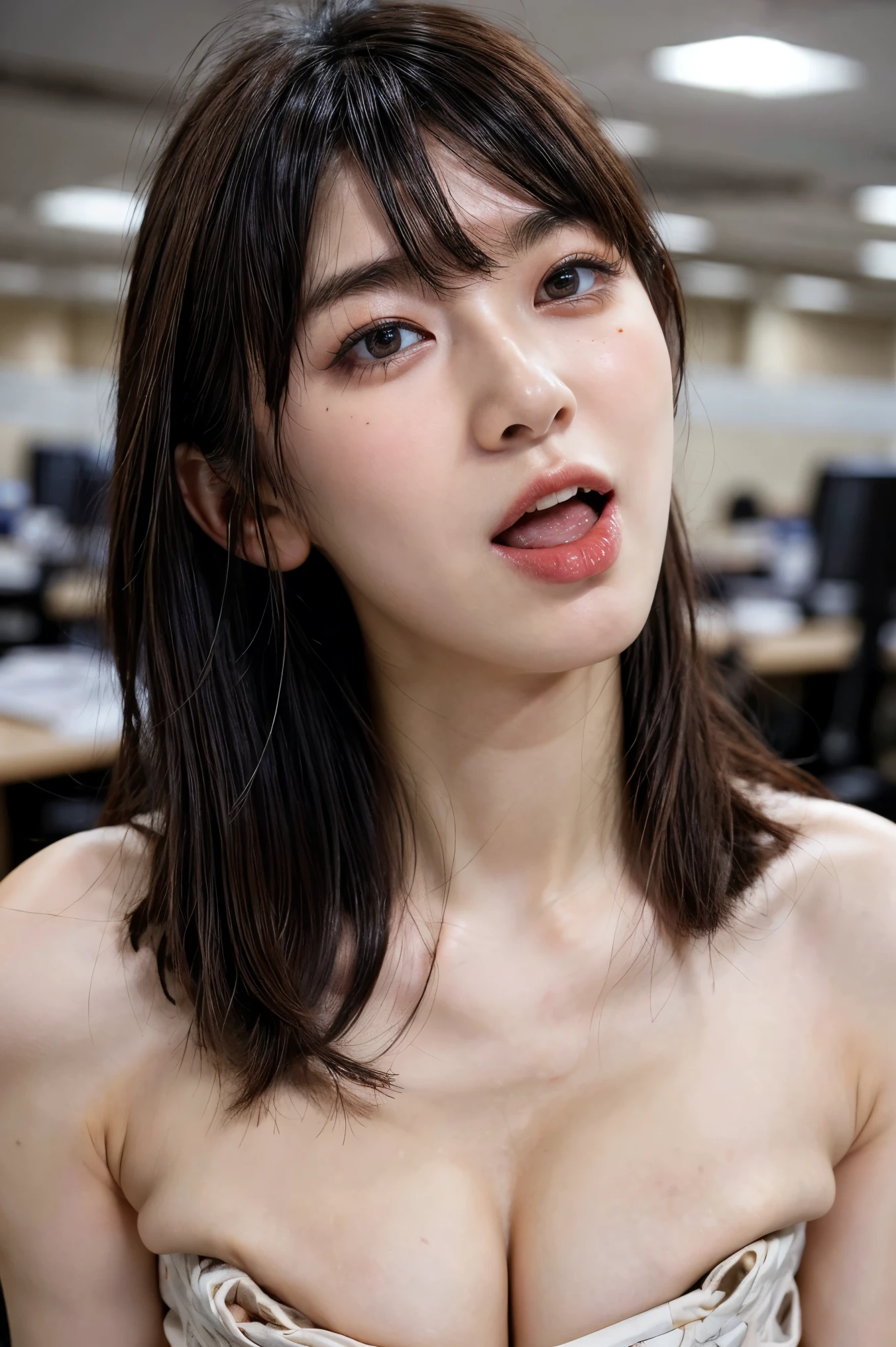 (masterpiece, best quality, realistic, photo-realistic), high resolution photograph of a Japanese woman, intricate details, sharp focus, professional lighting, solo, 1girl, an office lady, wearing female business suit, (flat chest:1.4), (face focus), (full open mouth, wide open mouth, excessive cum in open mouth:1.5), crawling under office desk, looking up at viewer, disheveled hair, detailed face, detailed eyes, sophisticated nose, mole on face, pale skin, fine-textured skin, indoors, office room,