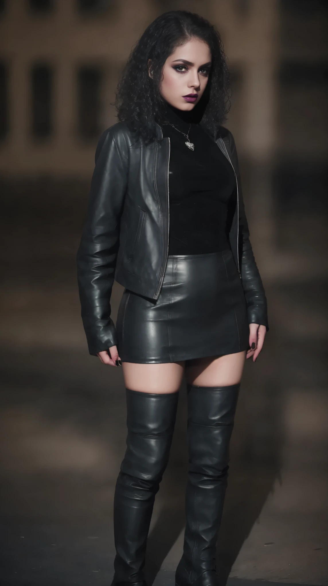 Emily Dschanel, als Domina im Lack-leder-Outfit, Ihr Hintern ist gut sichtbar, and green over-the-knee boots, full body visible