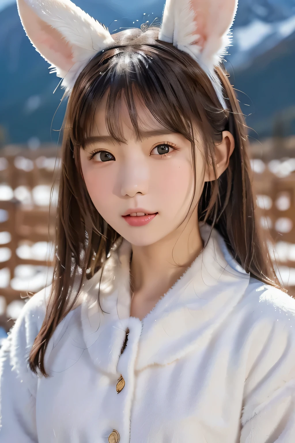 ( emphasis composition with foreground and background)、、(masterpiece、 top quality、 Super detailed description、 ultra high definition)、( upper shot)、 girl 、solo、 slim、 slender、 cute、 idol face、White fur clothes、 snowy mountains、 Snowflakes、 rabbit ear 