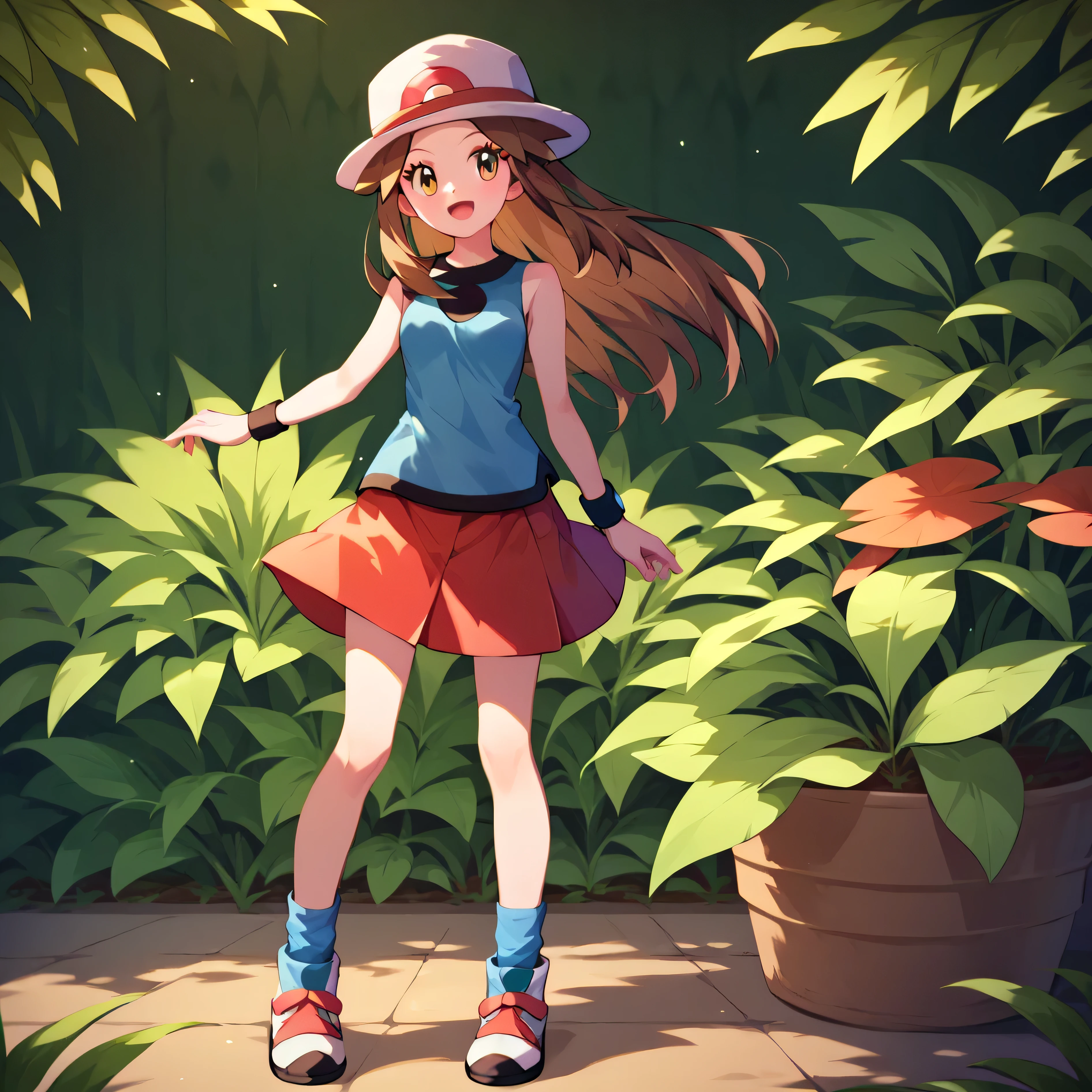 masterpiece, best quality, (highly detailed), score_9, score_8_up, score_7_up, full body shot, frontal view, zzleaf, leaf (pokemon) brown eyes, brown hair, long hair, hat, blue shirt, sleeveless, wristband, red skirt, blue socks, white footwear,