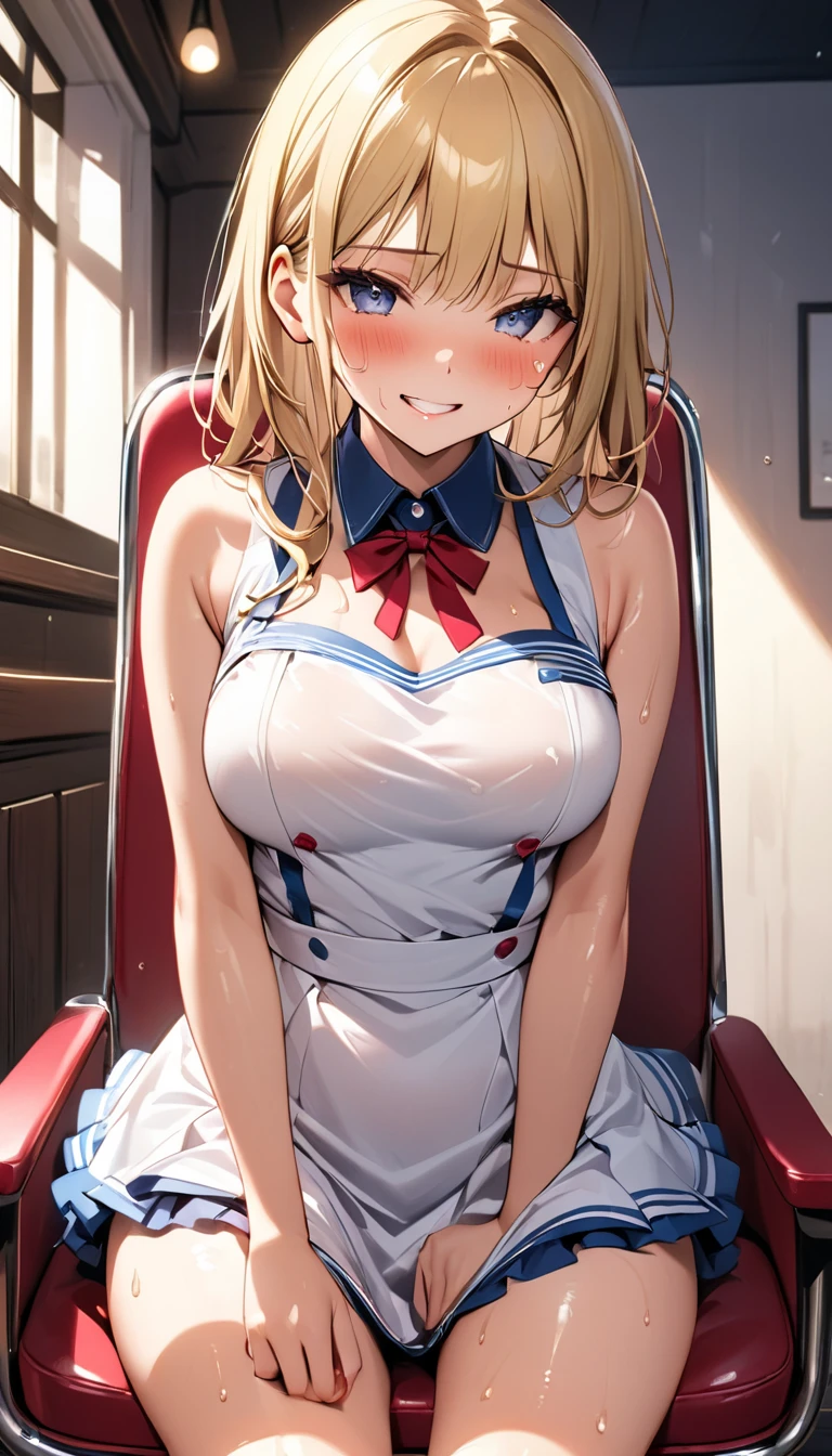 1girl, (EPsmSailorVenus, long blonde hair, blue eyes), messy hair, (blush:1.2), (white nurse uniform, hairband, cleavage, short skirt, panties:1.3), (night:1.1), smile, sitting, knee up, leaning back, cleavage, Masterpiece, best quality, detailed background, intricate details, detailed <lora:detail_slider_v4:1.25> <lora:SailorVenus_ElizaPottinger:0.7>