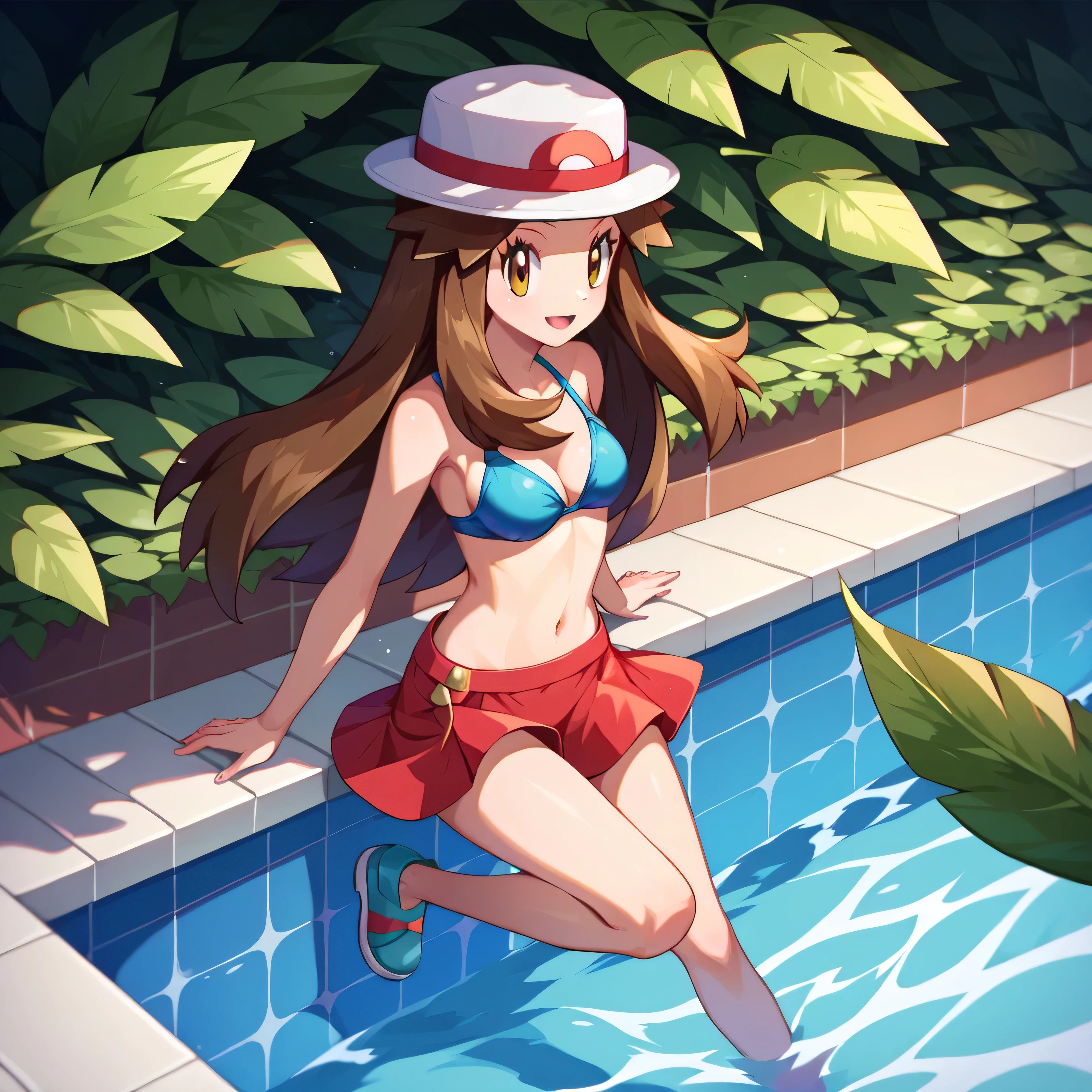 masterpiece, best quality, (highly detailed), score_9, score_8_up, full body shot, in pool, zzleaf, leaf (pokemon), brown eyes, brown hair, long hair, hat, blue bikini top, red skirt, white bikini bottom,