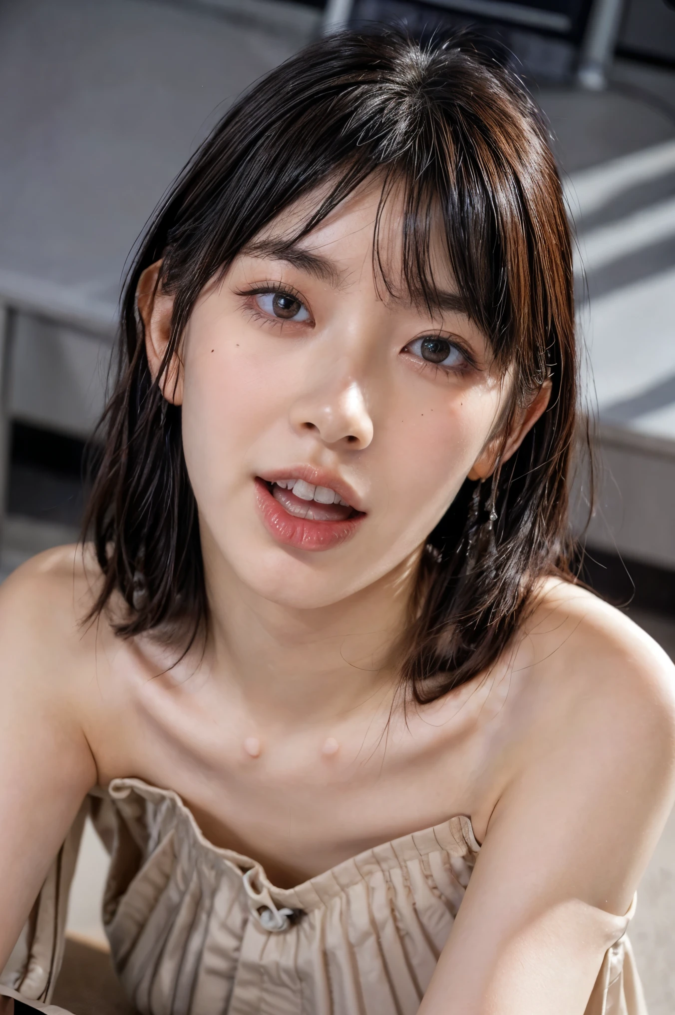(masterpiece, best quality, realistic, photo-realistic), high resolution photograph of a Japanese woman, intricate details, sharp focus, professional lighting, solo, 1girl, an office lady, (off-shoulder dress, bare shoulders, beautiful collarbone), (flat chest:1.4), (face focus, looking up at viewer), (full open mouth, wide open mouth, excessive cum in open mouth:1.5), (crawling under office desk:1.3),,, black hair, disheveled hair, sensual face, detailed face, seductive eyes, detailed eyes, sophisticated nose, beautiful dentition, (mole on face), pale skin, fine-textured skin, indoors, office room,
