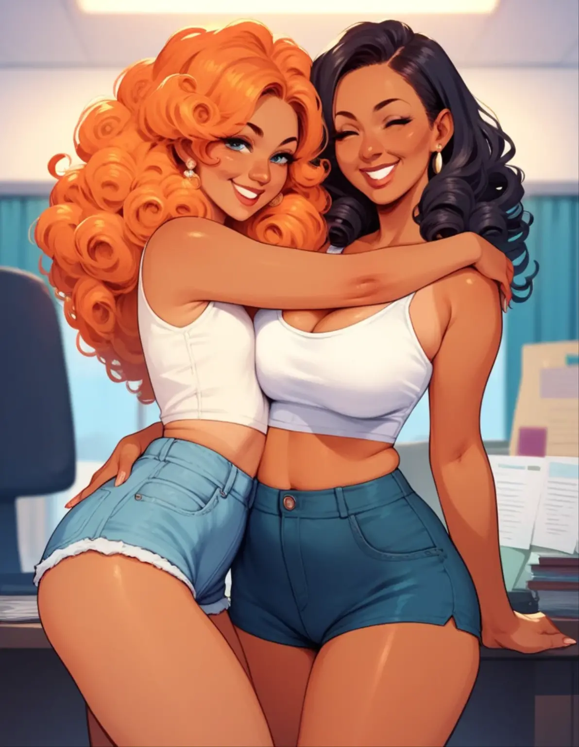 1girl, girl( flat chest tall tanned wearing a crop top and shorts with elbow length curly Orange hair hugging a woman,young face,makeup), 1girl, woman(mature woman with casual clothes curvy with Big breasts, smiling,black hair,glases, pale skin)