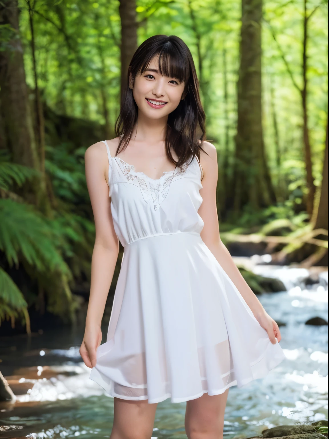 (top-quality), Realistic, (real picture, Intricate details), ((1girl, pale skin, skinny body)), standing in forest, huge waterfall, ((white camisole dress, sleeveless, see-through dress)), thighs, smile, natural lighting