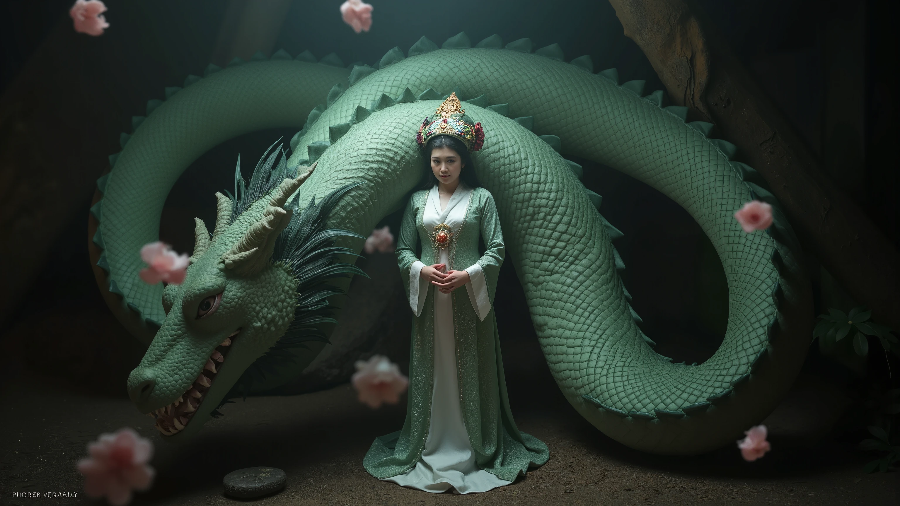 A serene scene where a woman, adorned in a traditional green and white dress, stands gracefully beside a majestic green dragon. The woman wears an ornate headpiece and holds a delicate object in her hand. The dragon, with its intricate scales and fierce yet calm expression, wraps around her, creating a protective and harmonious bond between them. The backdrop is dark, with subtle lighting highlighting the dragon and the woman, and there are floating pink flowers adding to the ethereal atmosphere