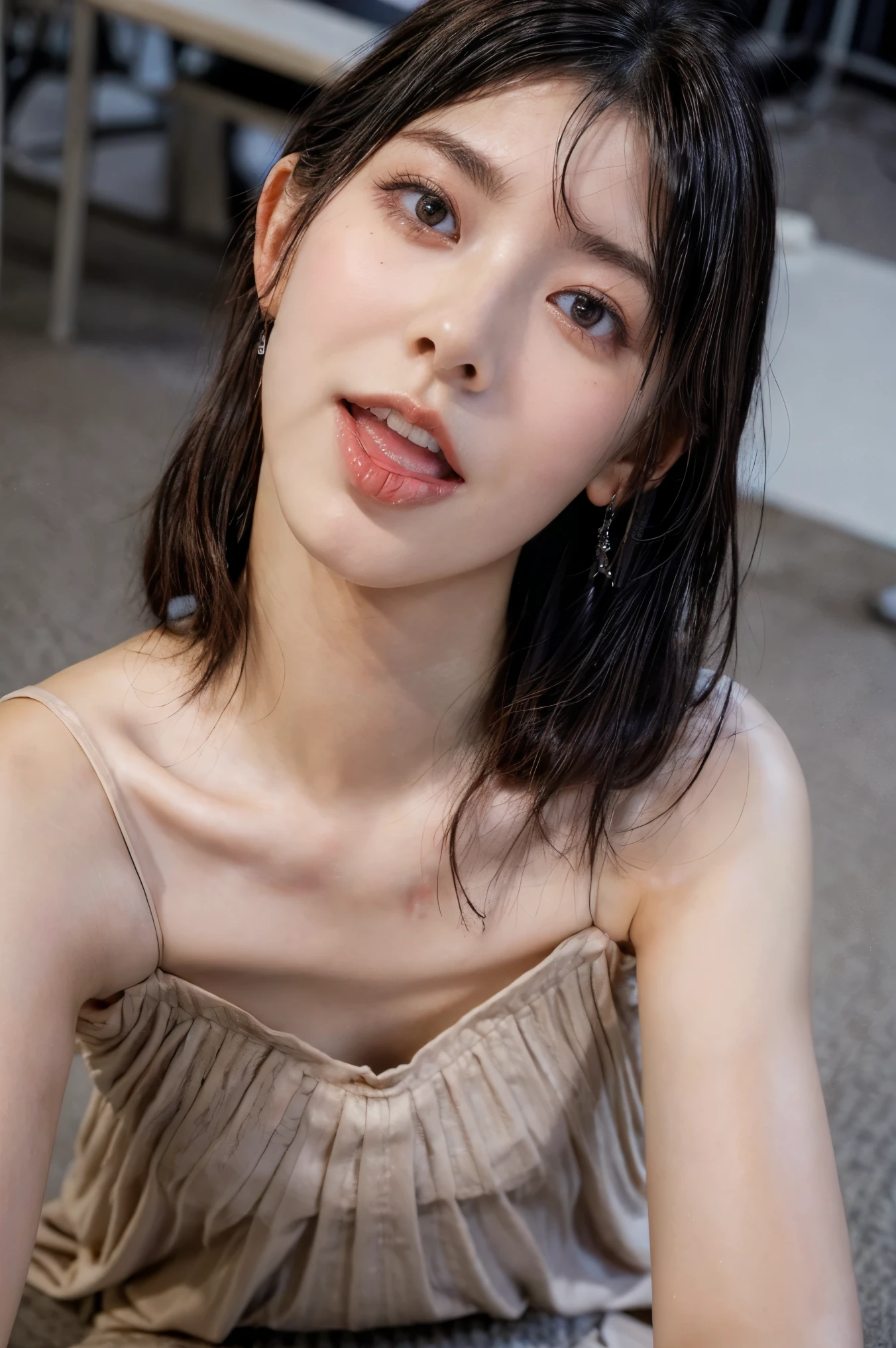 (masterpiece, best quality, realistic, photo-realistic), high resolution photograph of a Japanese woman, intricate details, sharp focus, professional lighting, solo, 1girl, an office lady, (off-shoulder dress, bare shoulders, beautiful collarbone), (flat chest:1.4), (face focus, looking up at viewer), (full open mouth, wide open mouth, excessive cum in open mouth:1.5), (crawling under office desk:1.3),,, black hair, disheveled hair, sensual face, detailed face, seductive eyes, detailed eyes, sophisticated nose, beautiful dentition, (mole on face), pale skin, fine-textured skin, indoors, office room,