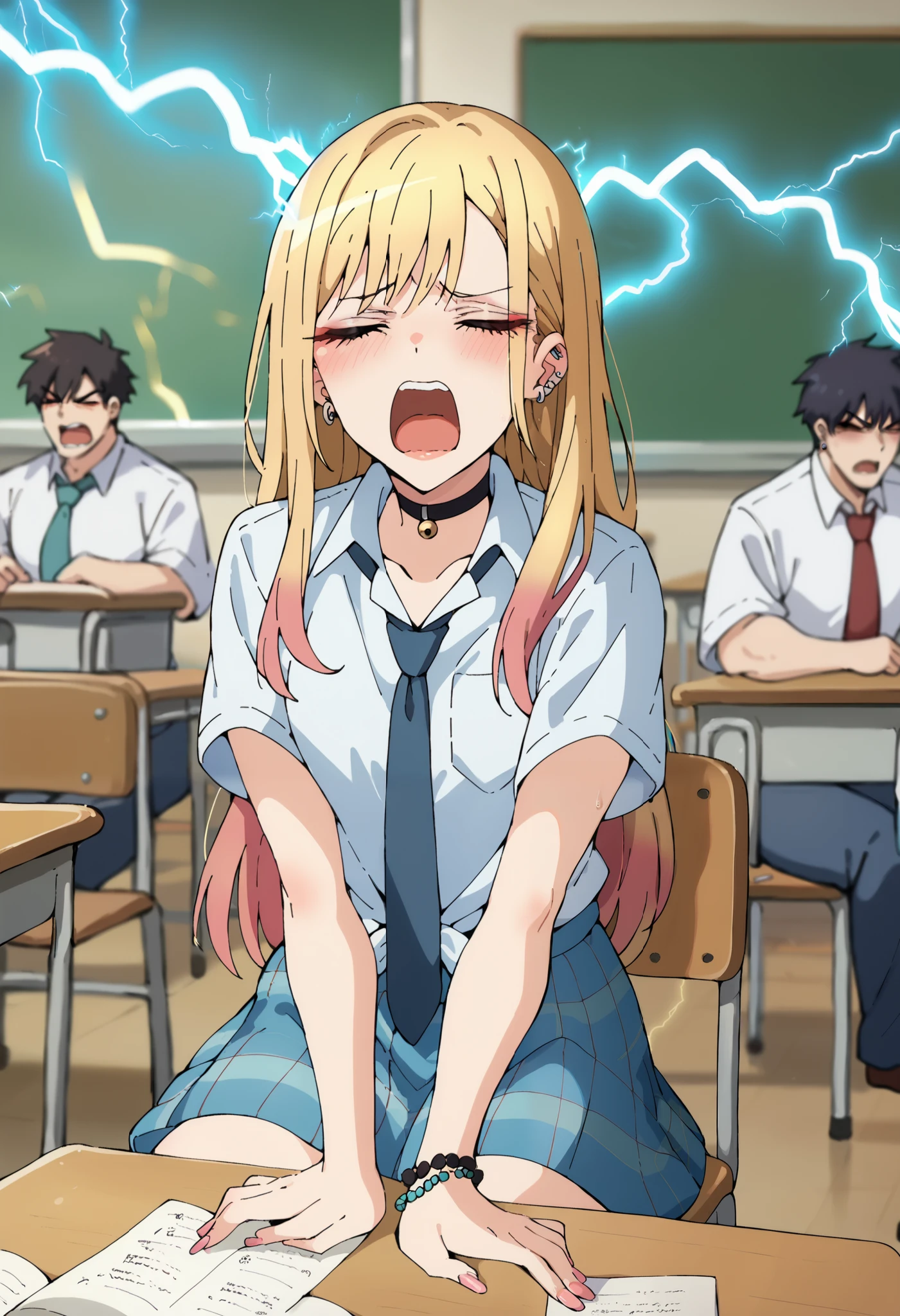 score_9, score_8_up, score_7_up, source_anime,
KitagawaMarin, 1girl, multicolored hair, long hair, magenta eyes, ear piercing, earrings, pink nails, makeup,
MarinSchool, bead bracelet, black choker, neck bell, ring, collared shirt, white shirt, short sleeves, blue necktie, plaid skirt, blue skirt, tied shirt, sitting on chair, on class, classroom, chair, school desk, note book, writing,
indoors, blurry background, front view, ((getting hit by lightning)), ((closed eyes)), ((pain)), yellow lightning, ((lightning aura)), electricity, lightning, glowing yellow, ((yawn)), facing up