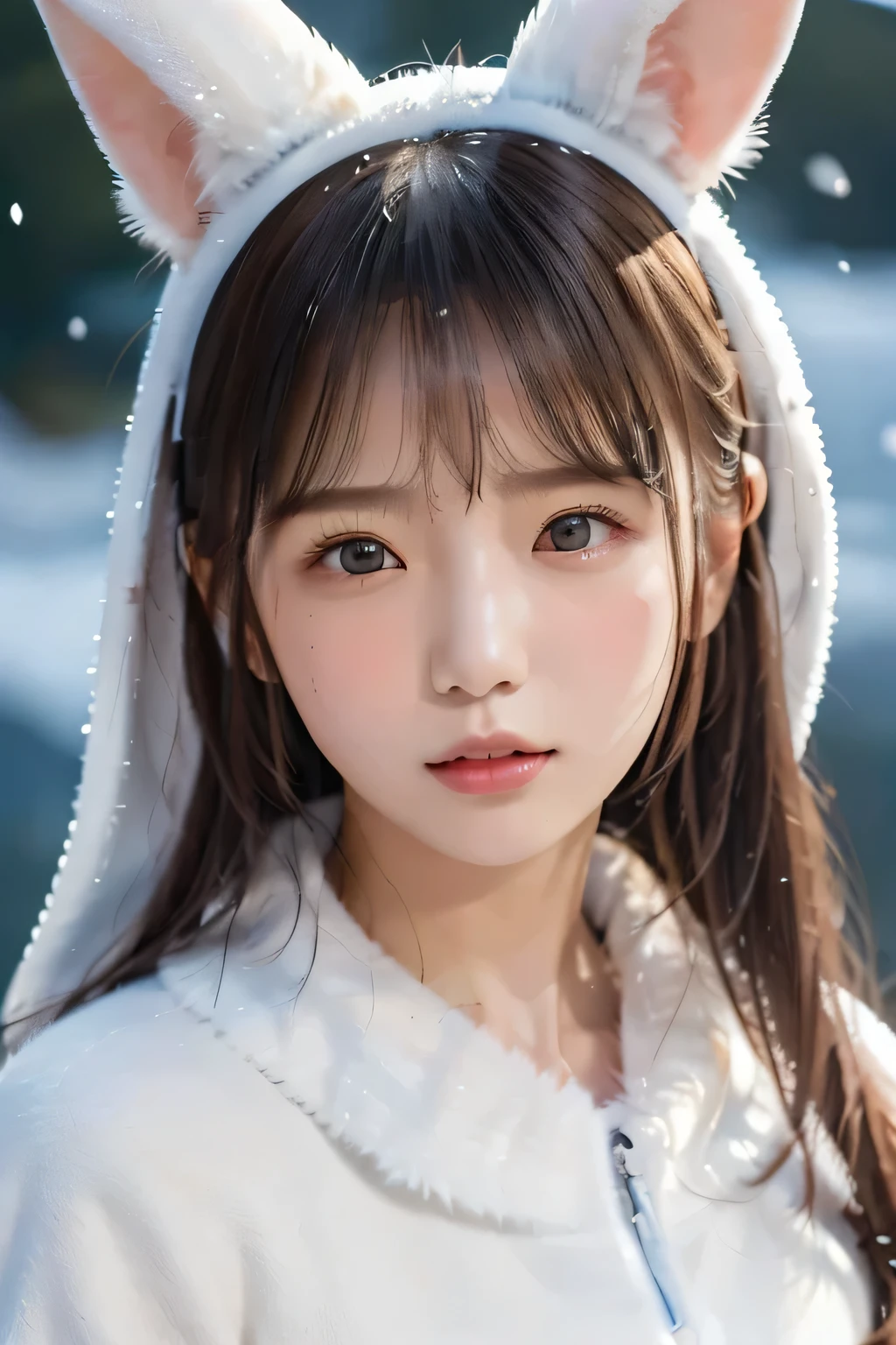 ( emphasis composition with foreground and background)、、(masterpiece、 top quality、 Super detailed description、 ultra high definition)、( upper shot)、 girl 、solo、 slim、 slender、 cute、 idol face、White fur clothes、 snowy mountains、 Snowflakes、 rabbit ear 