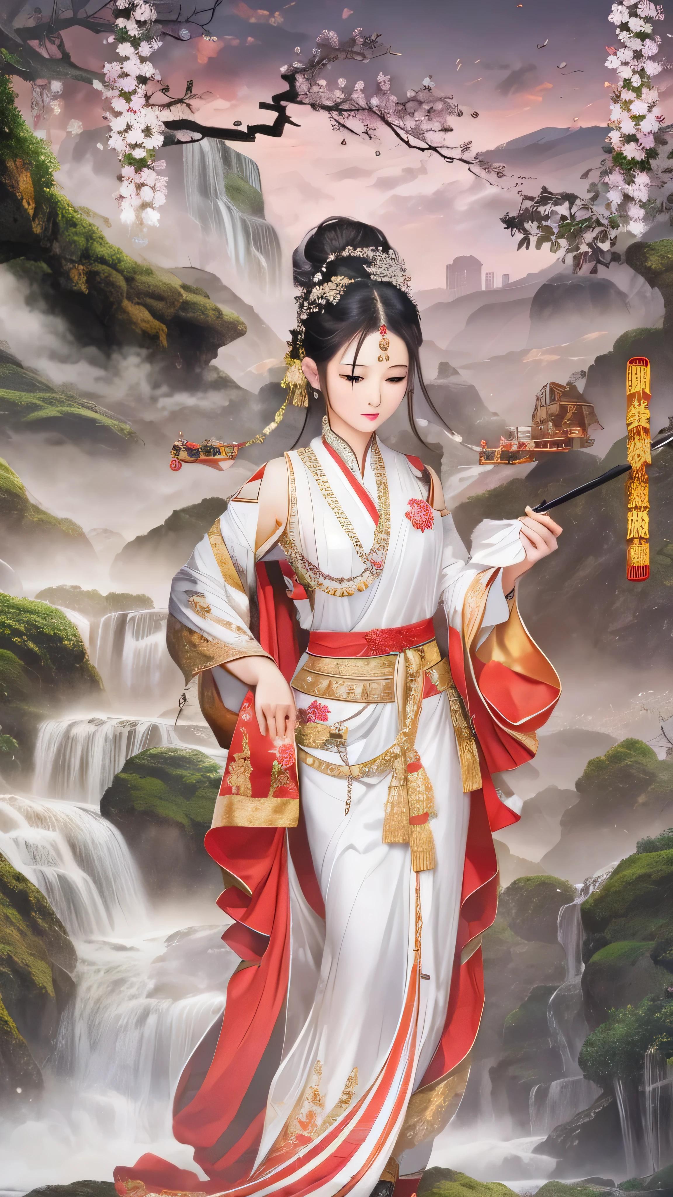 masterpiece,  top quality,  elegant new year poster 2025 characters star,white snake and girl、On the waterfall side 。