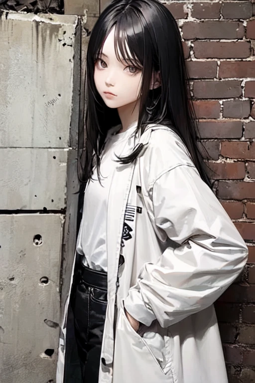   long-haired girl  ,   black with fringe  ,   posing for a photo  ,  white shirt with oversized graffiti coat posing next to a brick wall with graffiti, Need for Speed style pretty face and pretty body  (( Better quality)) ((FIRST WORK)) ((detailed))