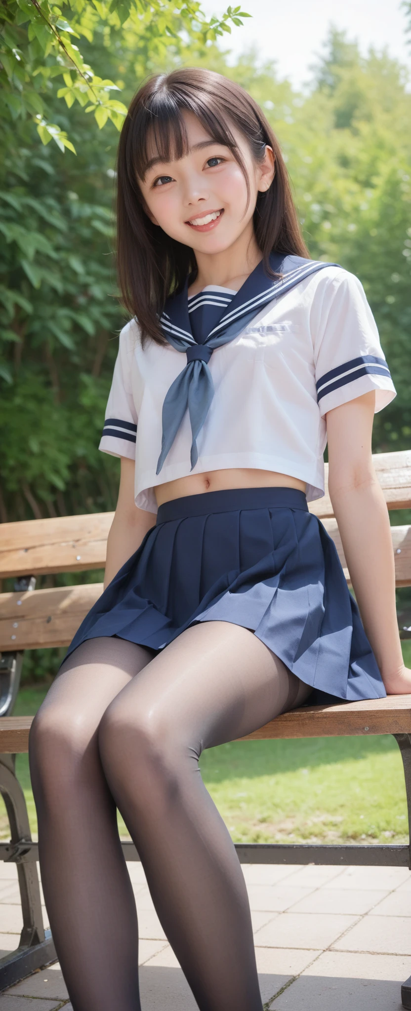  Short Sleeve Sailor Suit ,young cute girl,masterpiece,4K,8k,16k,Thin arms, Thin Thighs:1.5, thin body,delicate,Young, black tights, sit on a park bench, happy face, watching here, taken from below , very skinny, big breasts:2.0, navy blue skirt