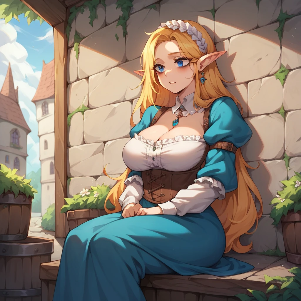 A beautiful elf princess with long braided blonde hair, elf ears, blue eyes, thin lips, round face, medium breasts, wearing a torn red tunic, eating a very large piece of boar meat, sitting on a rock, in the forest setting , expressive and funny scene (SFW)