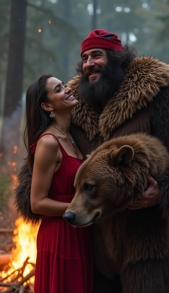 Create a realistic Full HD image of a Neanderthal man and woman side by side and running, the man and woman must be dirty with coal and both with prehistoric features, accidentally discovered the fire and set fire to the forest. The man should have a scared face, while the woman should have a big smile. They should be dressed in furs and the forest should be on fire around them. Add humor to the image and lots of smoke. --auto --s2