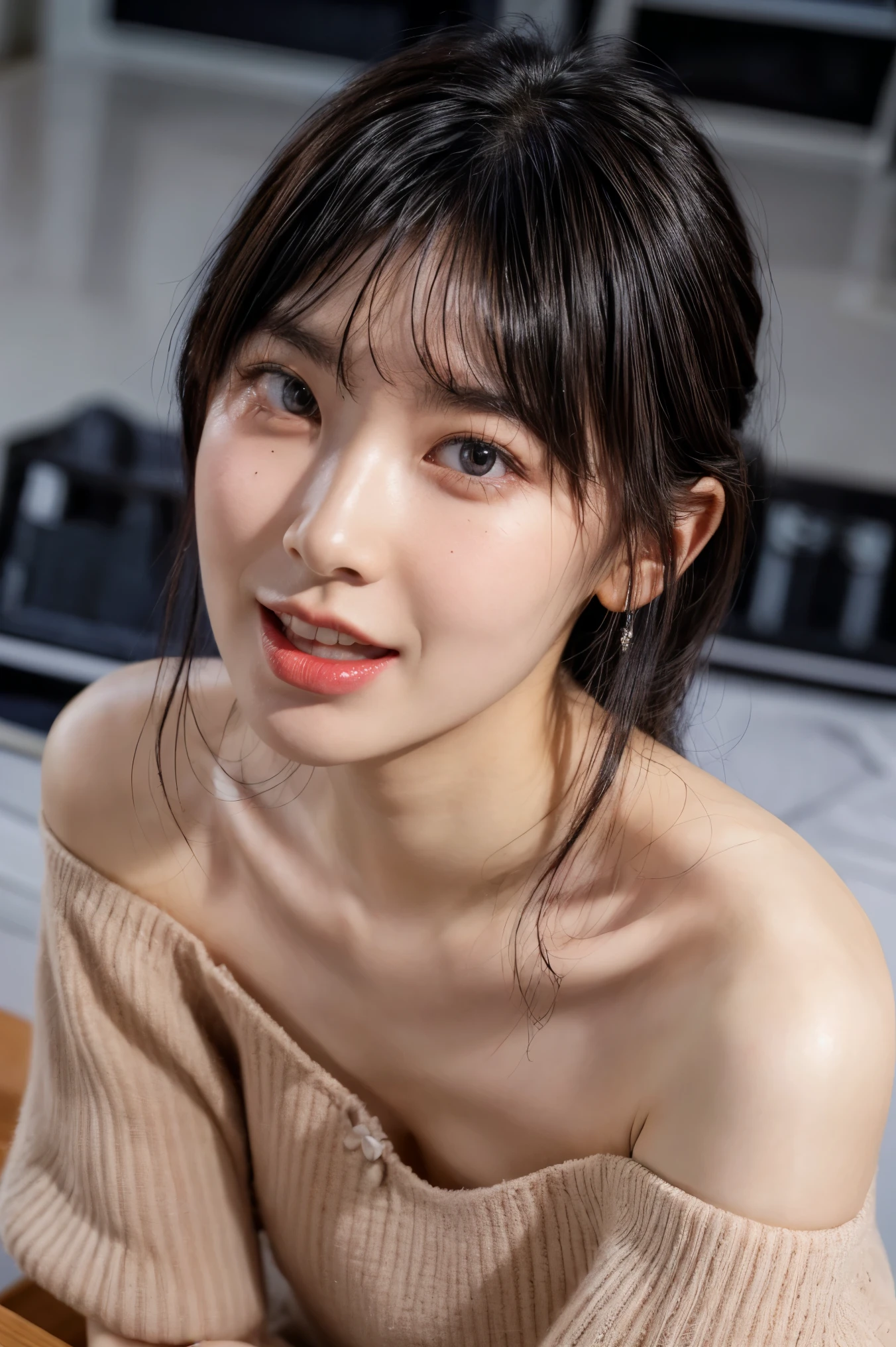 (masterpiece, best quality, realistic, photo-realistic), high resolution photograph of a Japanese woman, intricate details, sharp focus, professional lighting, solo, 1girl, an office lady, (off-shoulder dress, bare shoulders, beautiful collarbone), (flat chest:1.4), (face focus, looking up at viewer), (full open mouth, wide open mouth:1.5), (crawling under office desk:1.3),,, black hair, disheveled hair, sensual face, detailed face, seductive eyes, detailed eyes, sophisticated nose, beautiful dentition, (mole on face), pale skin, fine-textured skin, indoors, office room,
