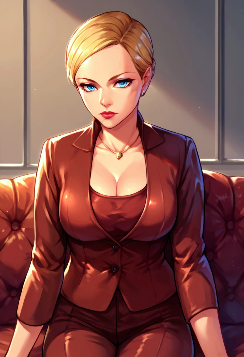 score_9,score_8_up,score_7_up BREAK T-XSDXL,solo,1girl,short hair,blue eyes,blonde hair,cleavage,jewelry,jacket,pants,necklace,lips,formal,suit,lipstick,cowboy shot,room,room background,sitting,
