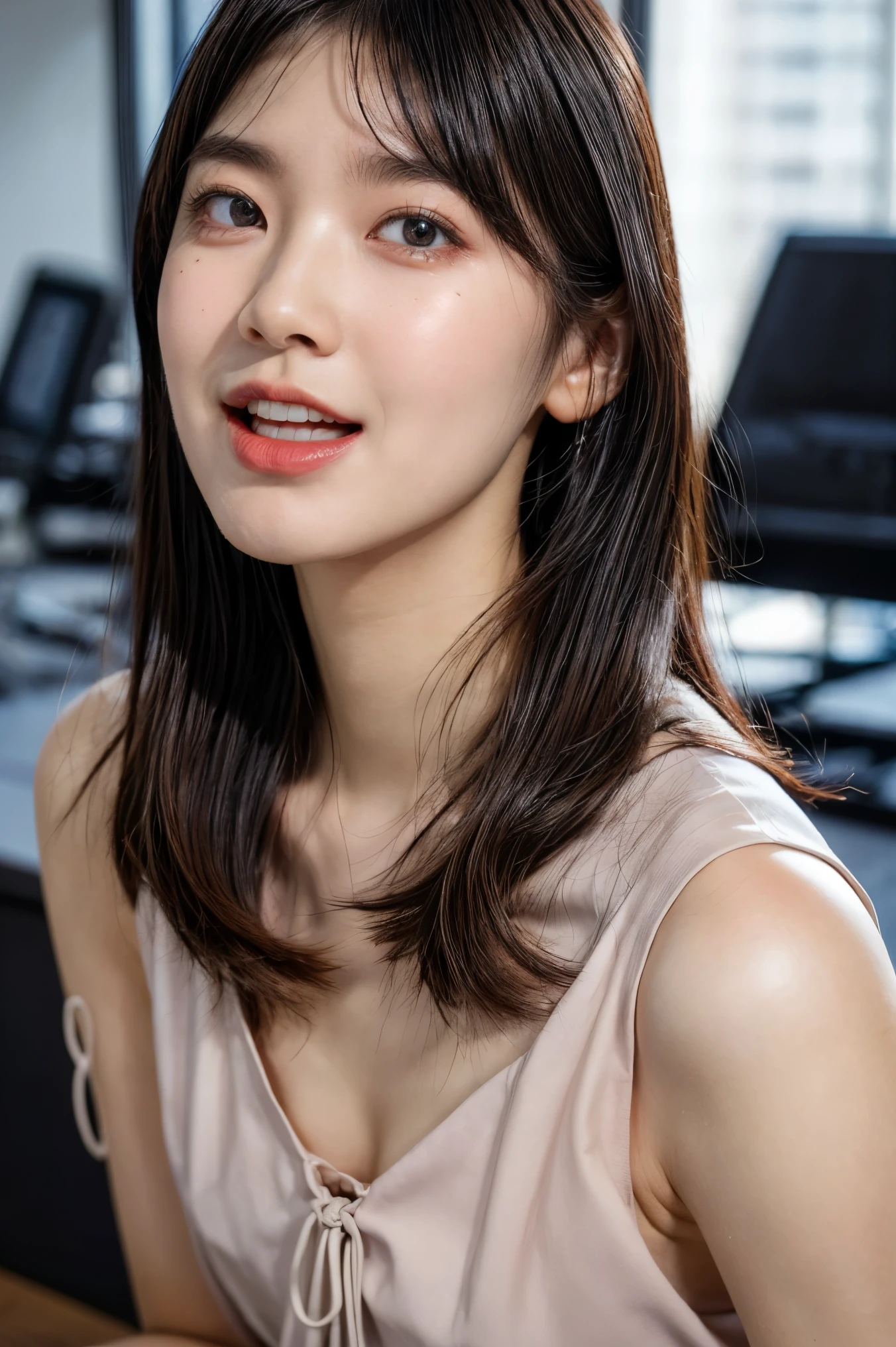 (masterpiece, best quality, realistic, photo-realistic), high resolution photograph of a Japanese woman, intricate details, sharp focus, professional lighting, solo, 1girl, an office lady, (blouse,skirt), (flat chest:1.4), (face focus, looking up at viewer), (full open mouth, wide open mouth:1.5), (crawling under office desk:1.3),,, black hair, disheveled hair, sensual face, detailed face, seductive eyes, detailed eyes, sophisticated nose, beautiful dentition, (mole on face), pale skin, fine-textured skin, indoors, office room, 