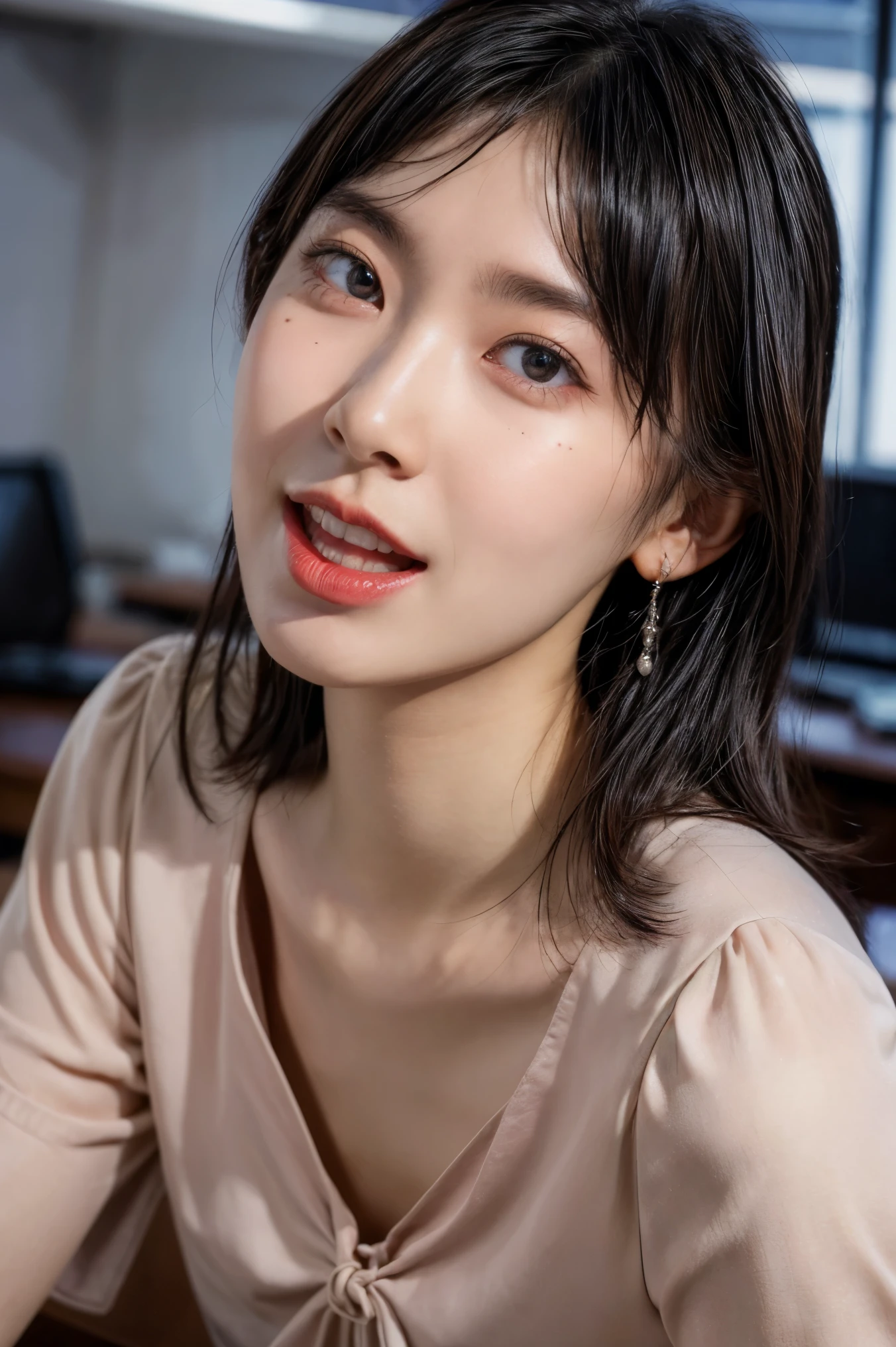 (masterpiece, best quality, realistic, photo-realistic), high resolution photograph of a Japanese woman, intricate details, sharp focus, professional lighting, solo, 1girl, an office lady, (blouse,skirt), (flat chest:1.4), (face focus, looking up at viewer), (full open mouth, wide open mouth:1.5), (crawling under office desk:1.3),,, black hair, disheveled hair, sensual face, detailed face, seductive eyes, detailed eyes, sophisticated nose, beautiful dentition, (mole on face), pale skin, fine-textured skin, indoors, office room,