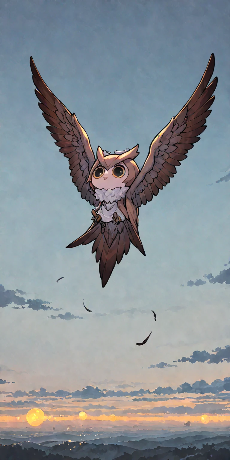 (1girl\(human,chibi\) sitting on:1.2). BREAK.(at head of owl\(huge,flying,open wing\):1.5). masterpiece, best quality, high quality, very aesthetic, very awa , 