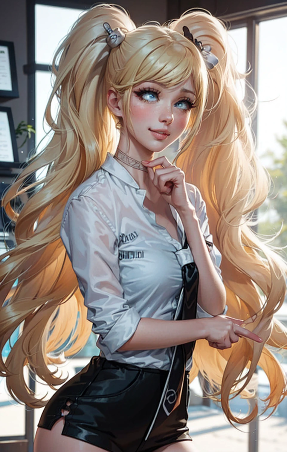 masterpiece, best quality, ultra-detailed, illustration, epic lighting, cinematic composition, isometric, 1girl, (solo:1.5), cute, blue eyes, green eyes, detailed iris, blonde hair, swept bangs, single sidelock, red hairclip, unbuttoned white shirt, choker, loose black necktie, black pants, formal, enchanting gaze, captivating pose, indoors, office, door, opening door, looking at viewer, peeking out upper body, blush, seductive smile, closed mouth,(8k:1.1), (ahegao:1.5)