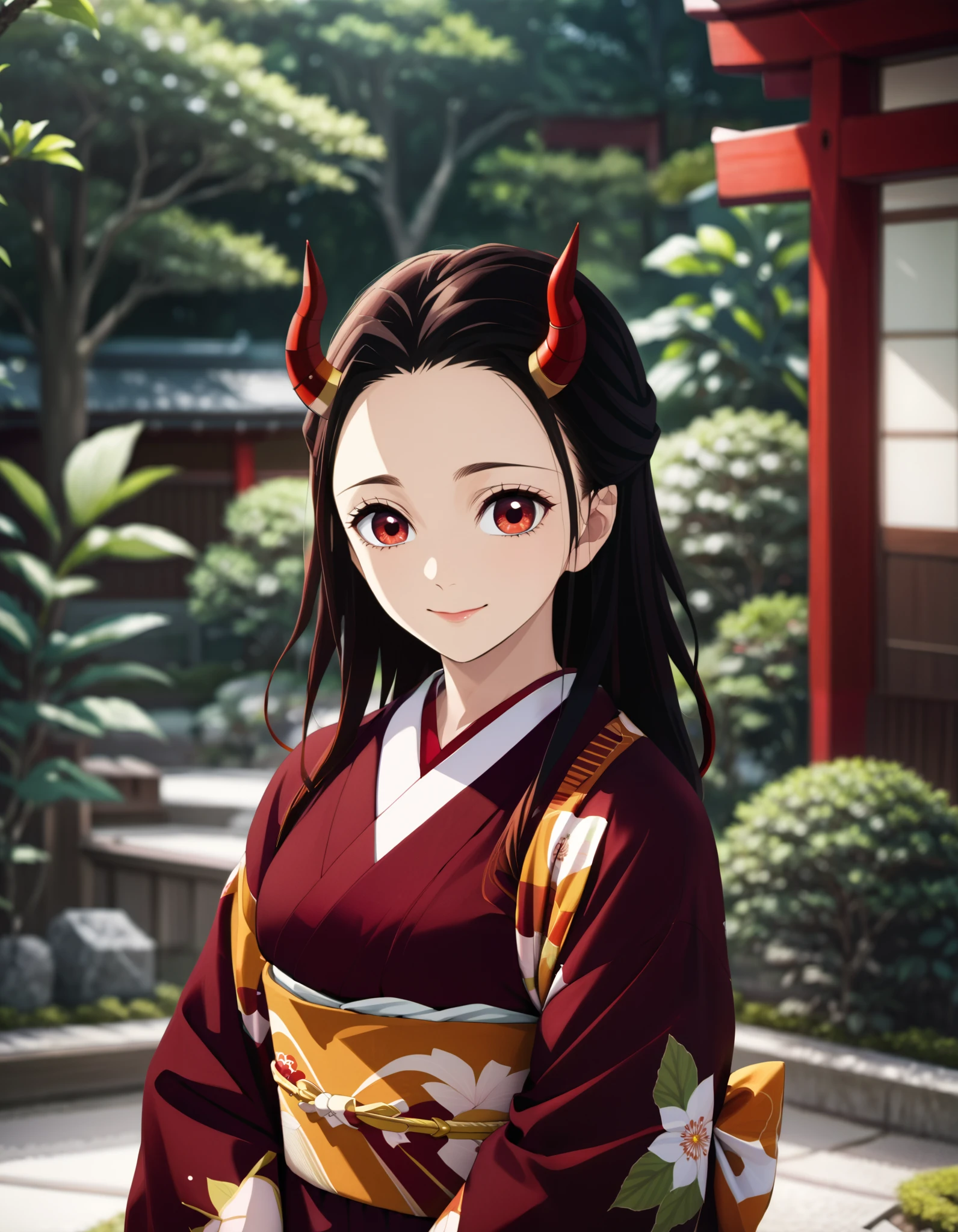 score_9, score_8_up, score_7_up, (Demon Slayer, Kimetsu no yaiba style), (nezuko kamado), (1girl, solo), 20years old, upper body, (black long hair, smooth straight hair, asymmetrical parting hair:1.1), forehead, red eyes, (red horns:1.4), kimono, smile, (front view, looking at viewer), (standing in the Japanese style garden, scenery)