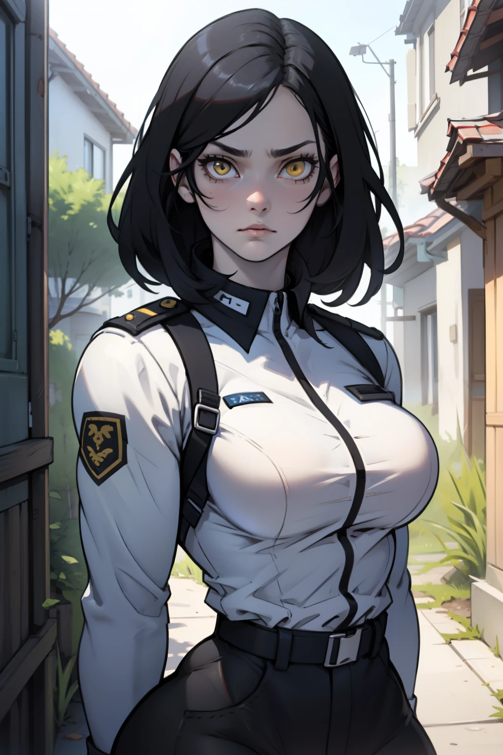 best quality close up pilot suit black hair yellow eyes muscular girl pale skin breasts