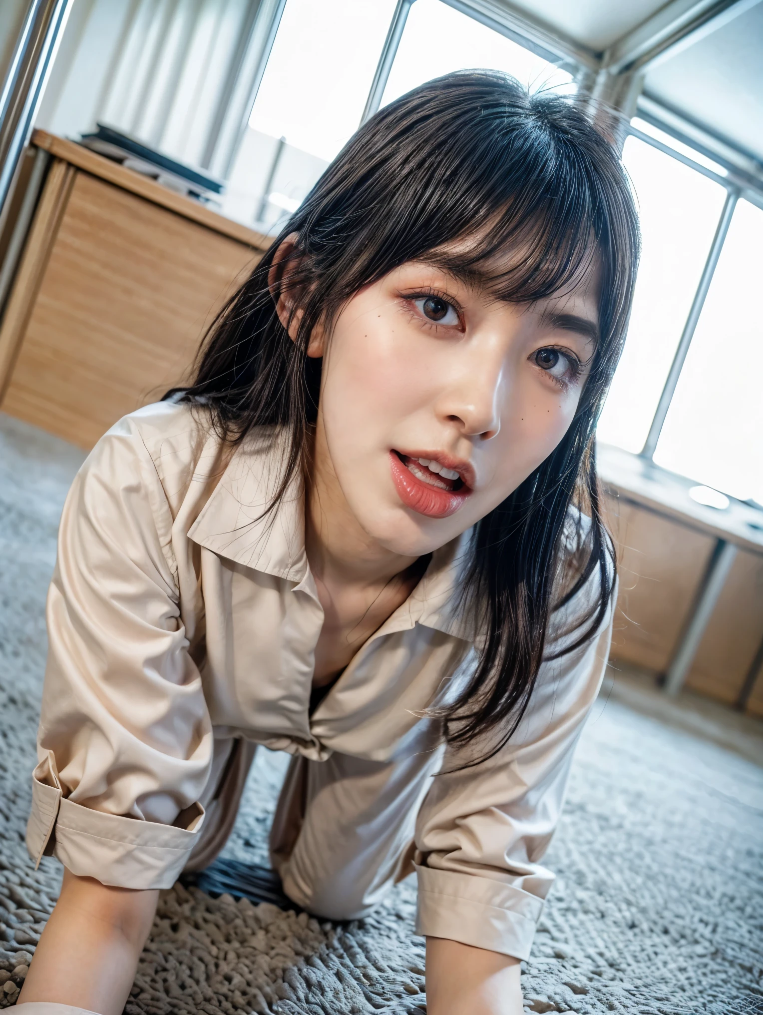 (masterpiece, best quality, realistic, photo-realistic), high resolution photograph of a Japanese woman, intricate details, sharp focus, professional lighting, solo, 1girl, an office lady, (collared shirt, skirt), (flat chest:1.4), (face focus, looking up at viewer:1.2), (full open mouth, wide open mouth, white cum in open mouth:1.5), (crawling on all fours under the desk:1.5), black hair, sensual face, detailed face, seductive eyes, detailed eyes, sophisticated nose, beautiful dentition, (mole on face), pale skin, fine-textured skin, indoors, office room,